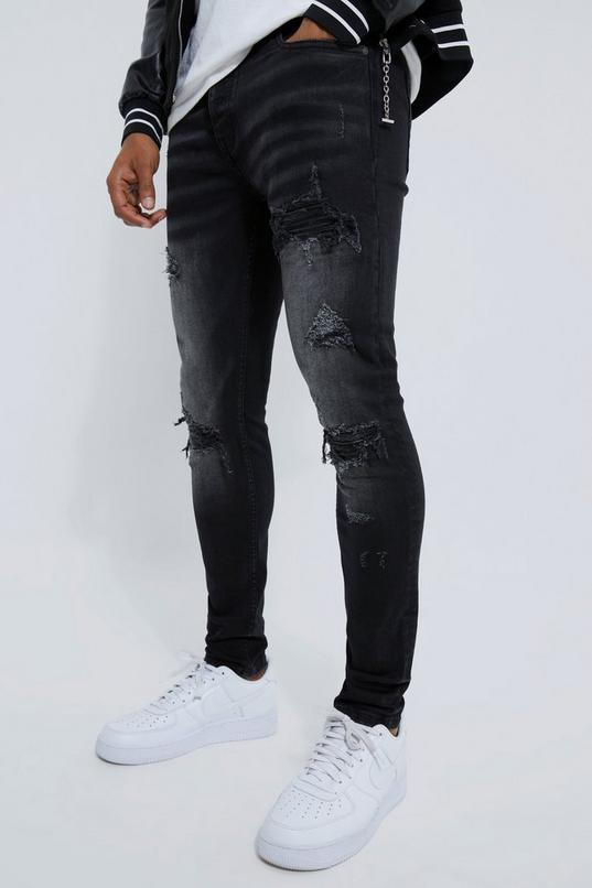 Skinny Stretch Rip And Repair Biker Washed Jeans by BOOHOOMAN