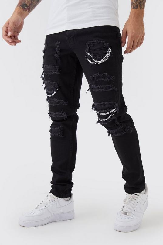 Skinny Stretch Ripped Chain Jeans by BOOHOOMAN