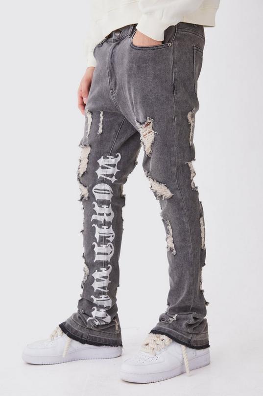 Skinny Stretch Stacked Distressed Embroidered Gusset Jeans by BOOHOOMAN