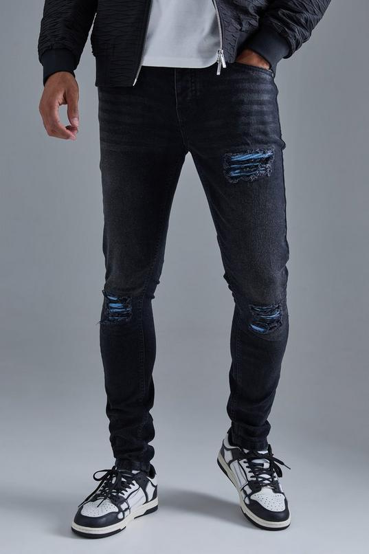 Skinny Stretch True Black Pu Biker Rip & Repair Jeans by BOOHOOMAN