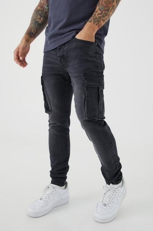 Skinny Stretch Washed Cargo Jeans by BOOHOOMAN