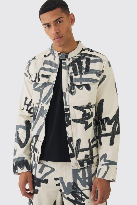 Slim Boxy Denim Graffiti Laser Print Biker Jacket by BOOHOOMAN