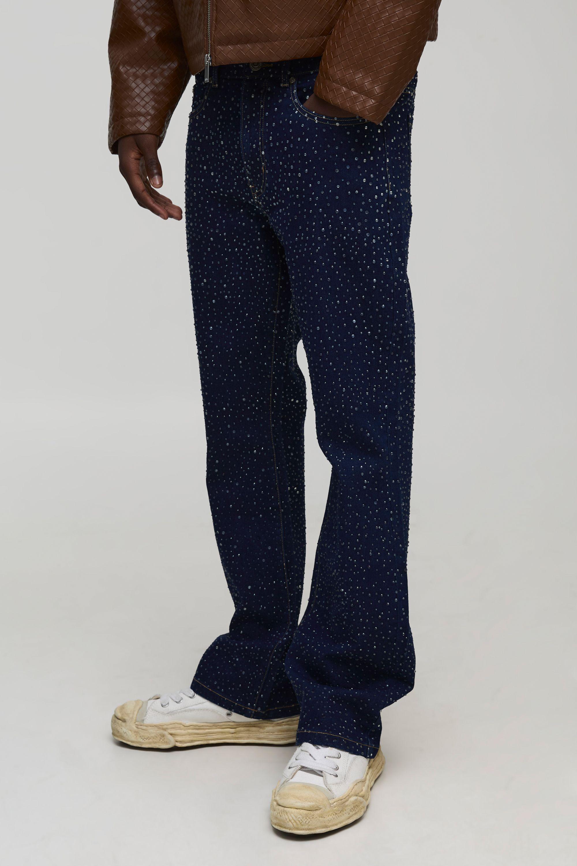 Slim Clear Rhinestone Embellished Denim Jeans by BOOHOOMAN
