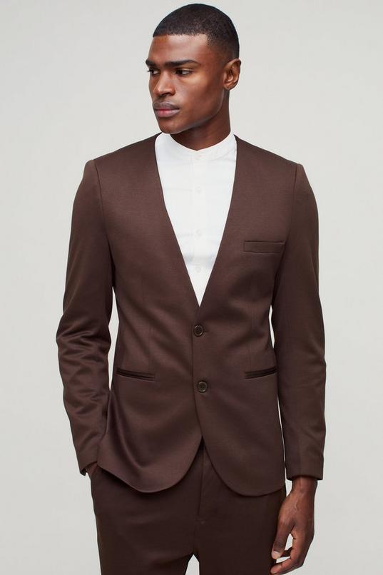 Slim Collarless Jersey Blazer by BOOHOOMAN