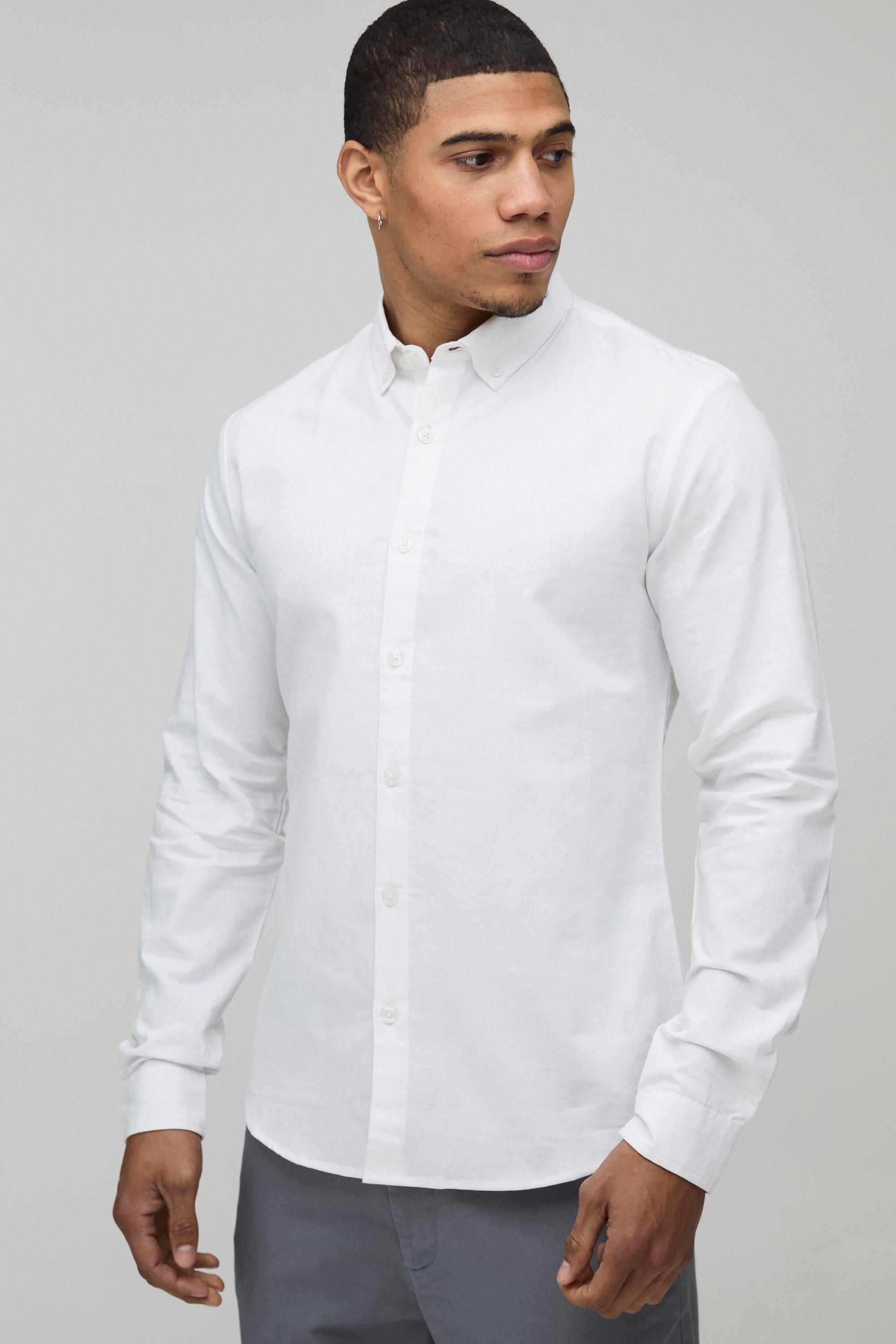 Slim Fit Button Down Collar Oxford Long Sleeve Shirt by BOOHOOMAN