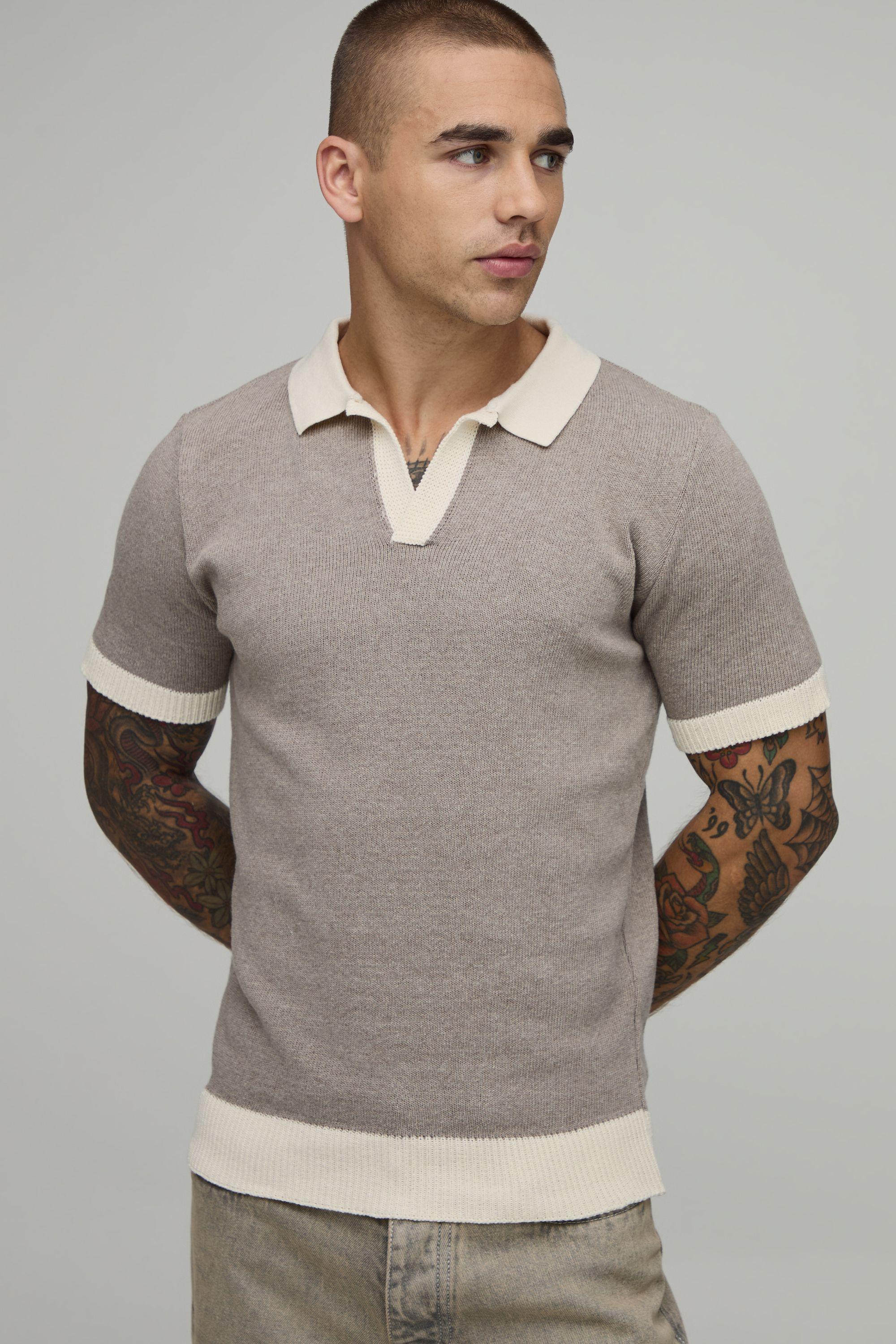Slim Fit Cotton Blend Contrast V Neck Knitted Polo by BOOHOOMAN