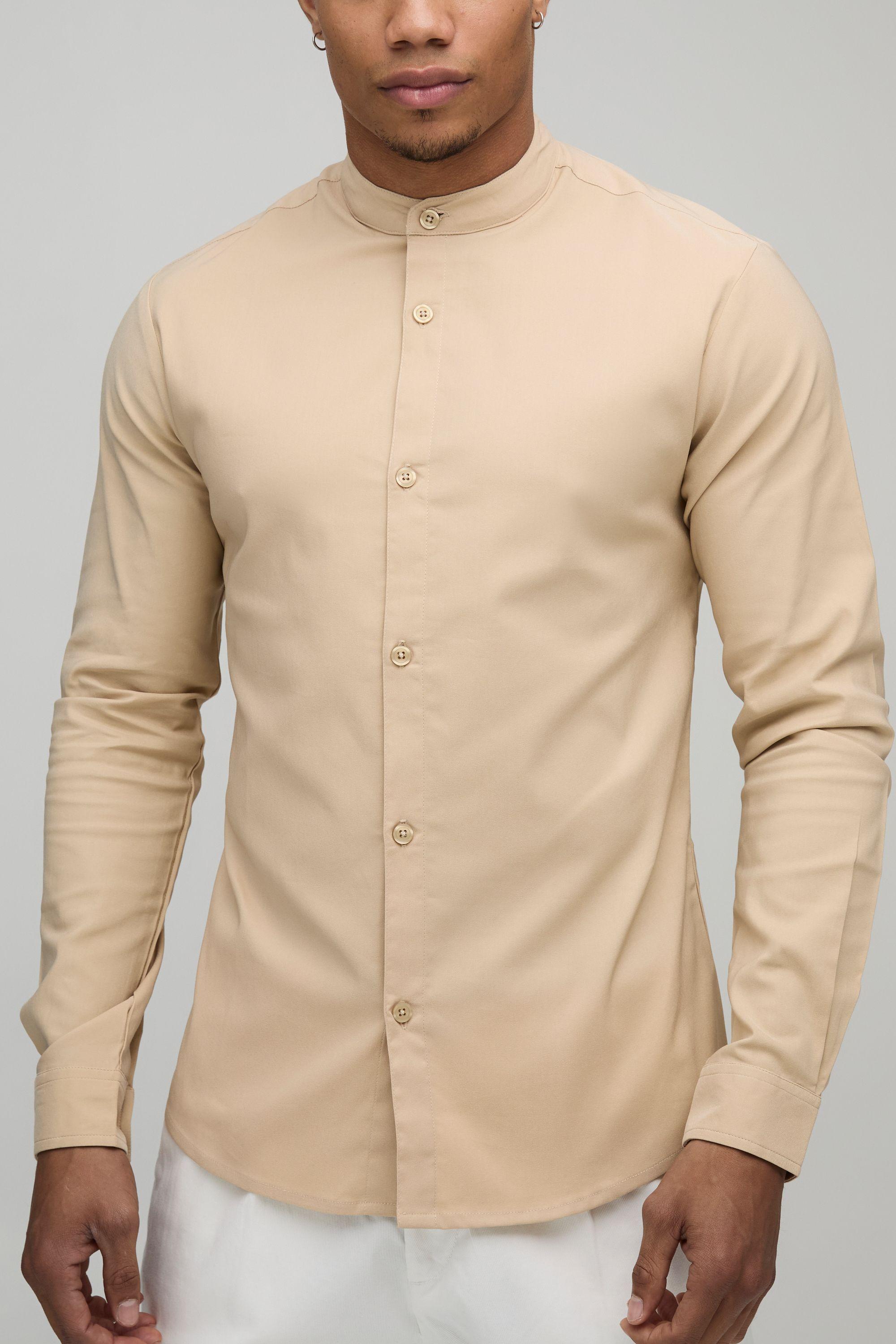 Slim Fit Grandad Collar Cotton Shirt by BOOHOOMAN