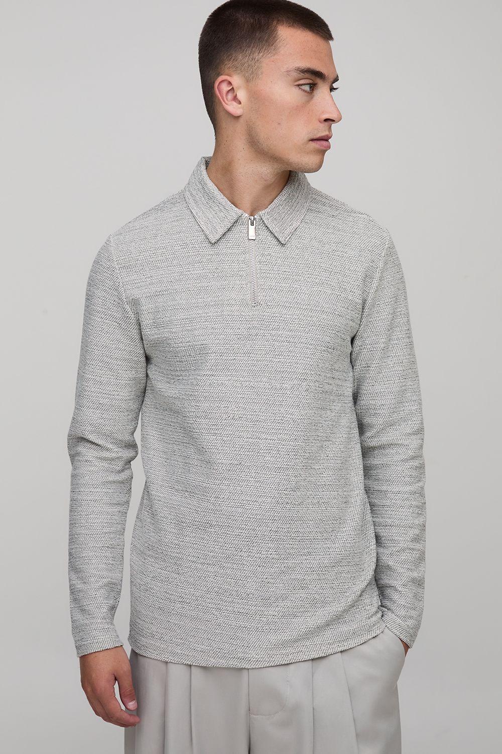 Slim Fit Heavyweight Pique Zip Neck Long Sleeve Polo by BOOHOOMAN