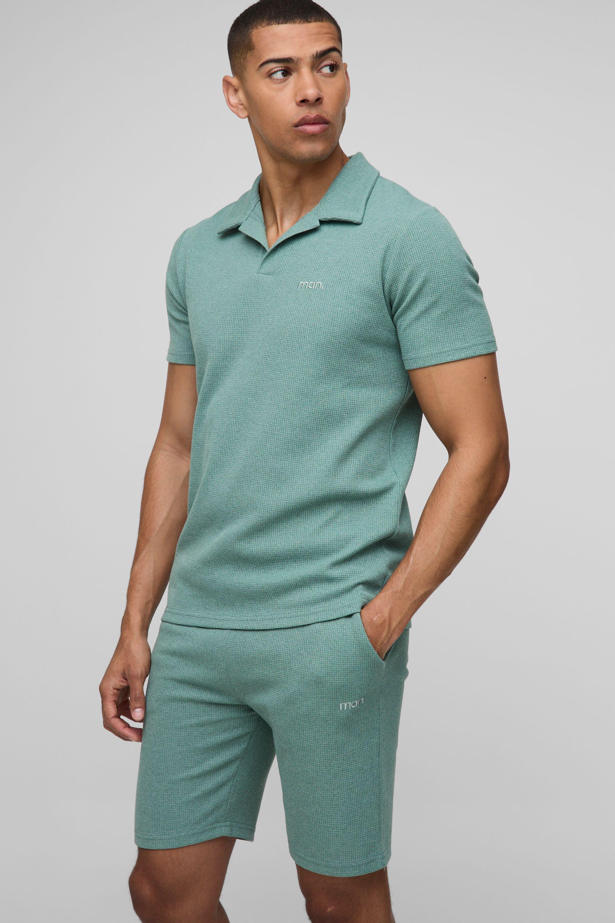 Slim Fit Man Waffle Revere Polo & Short Set by BOOHOOMAN
