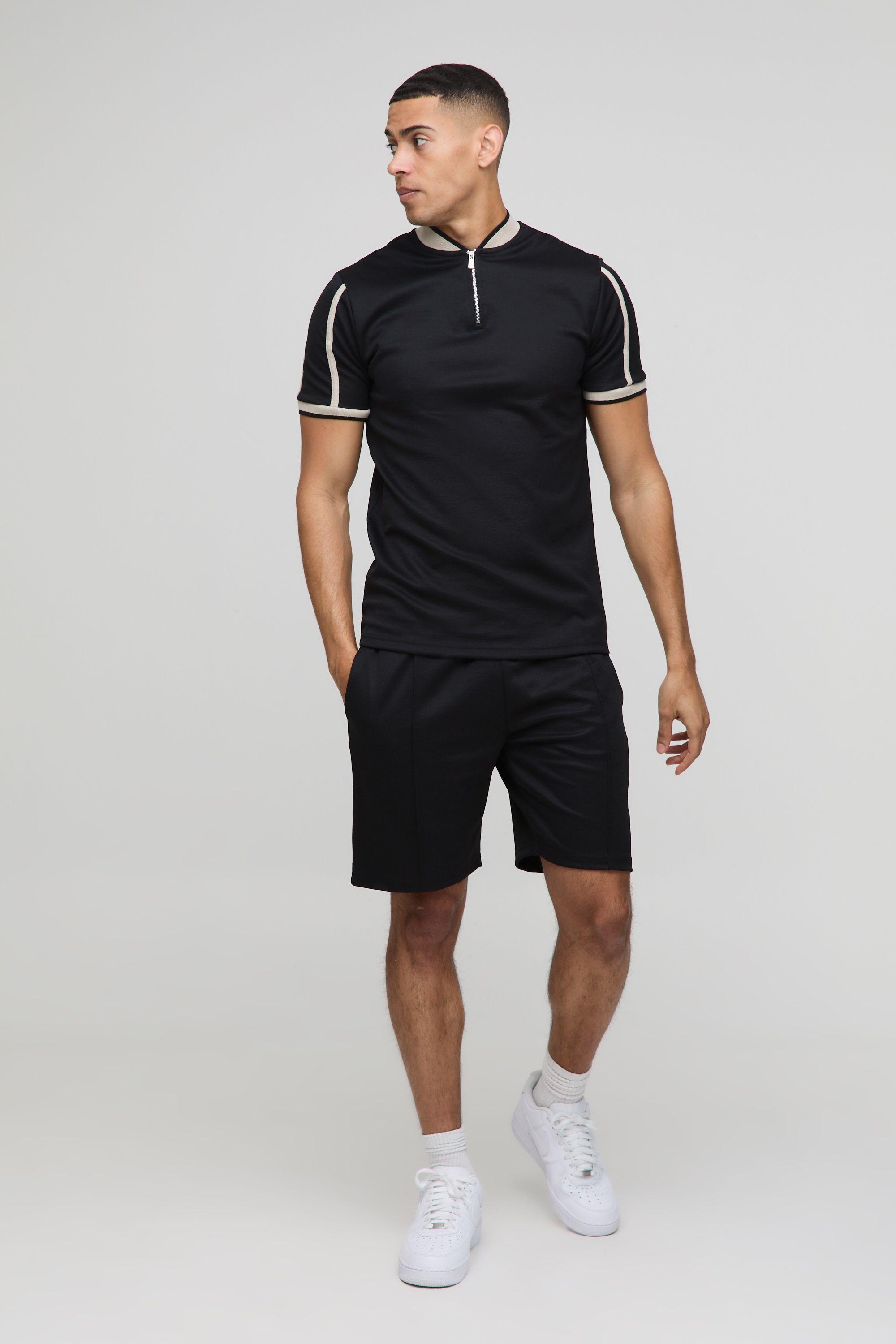 Slim Fit Pique Interlock Bomber Neck Polo Shirt Smart Short Set by BOOHOOMAN