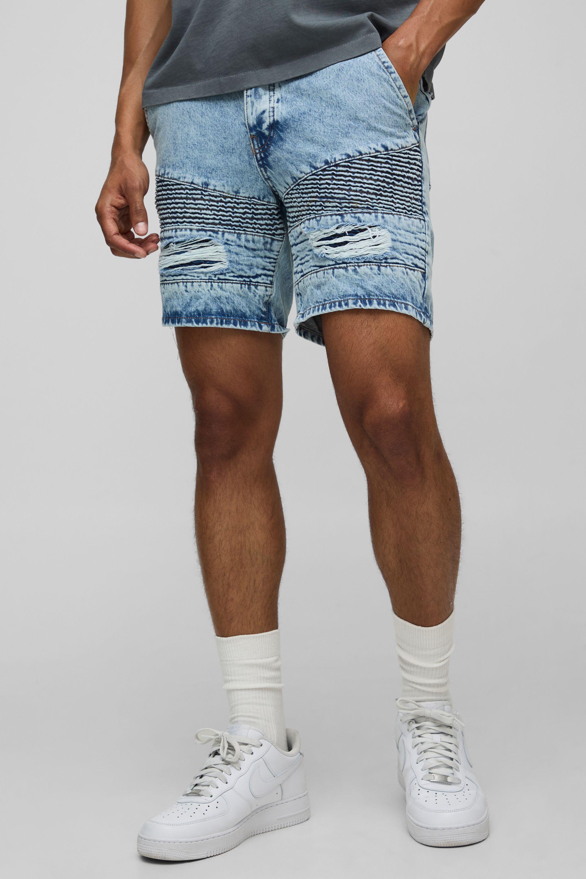 Slim Fit Ripped Biker Ice Blue Denim Shorts by BOOHOOMAN