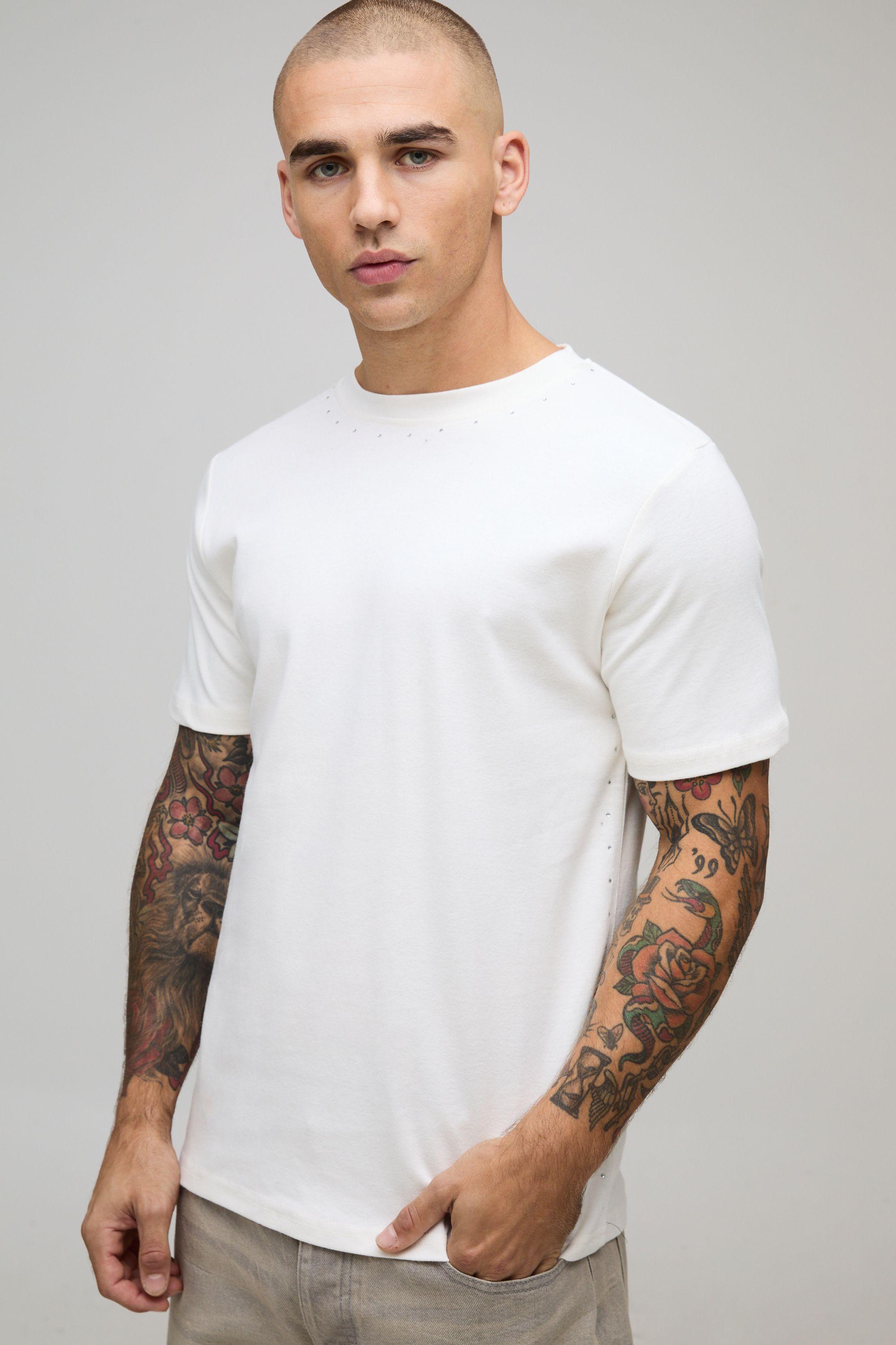 Slim Fit Seam Cotton Rhinestone Interlock T-Shirt by BOOHOOMAN