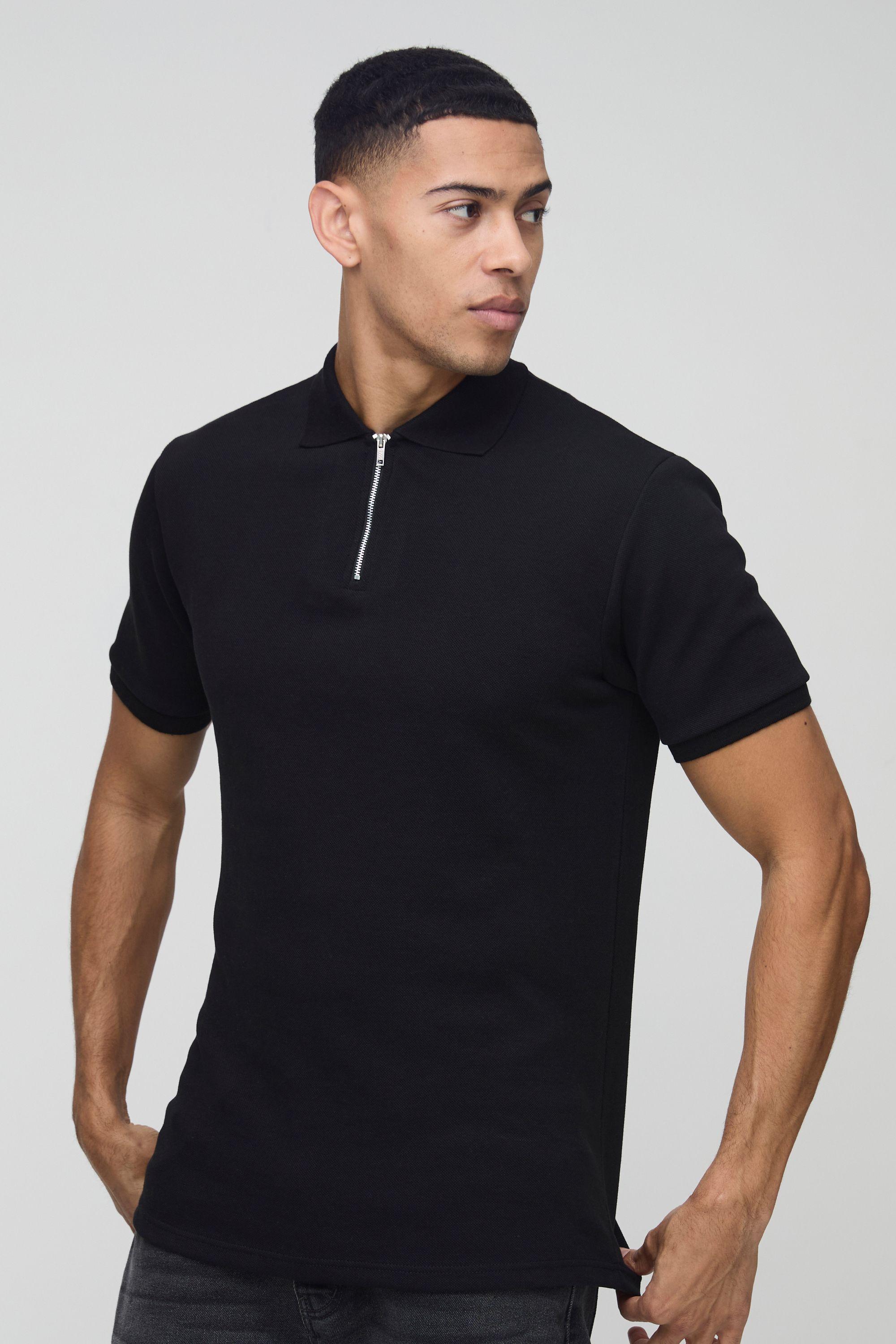 Slim Fit Smart Pique Interlock Zip Polo Shirt by BOOHOOMAN