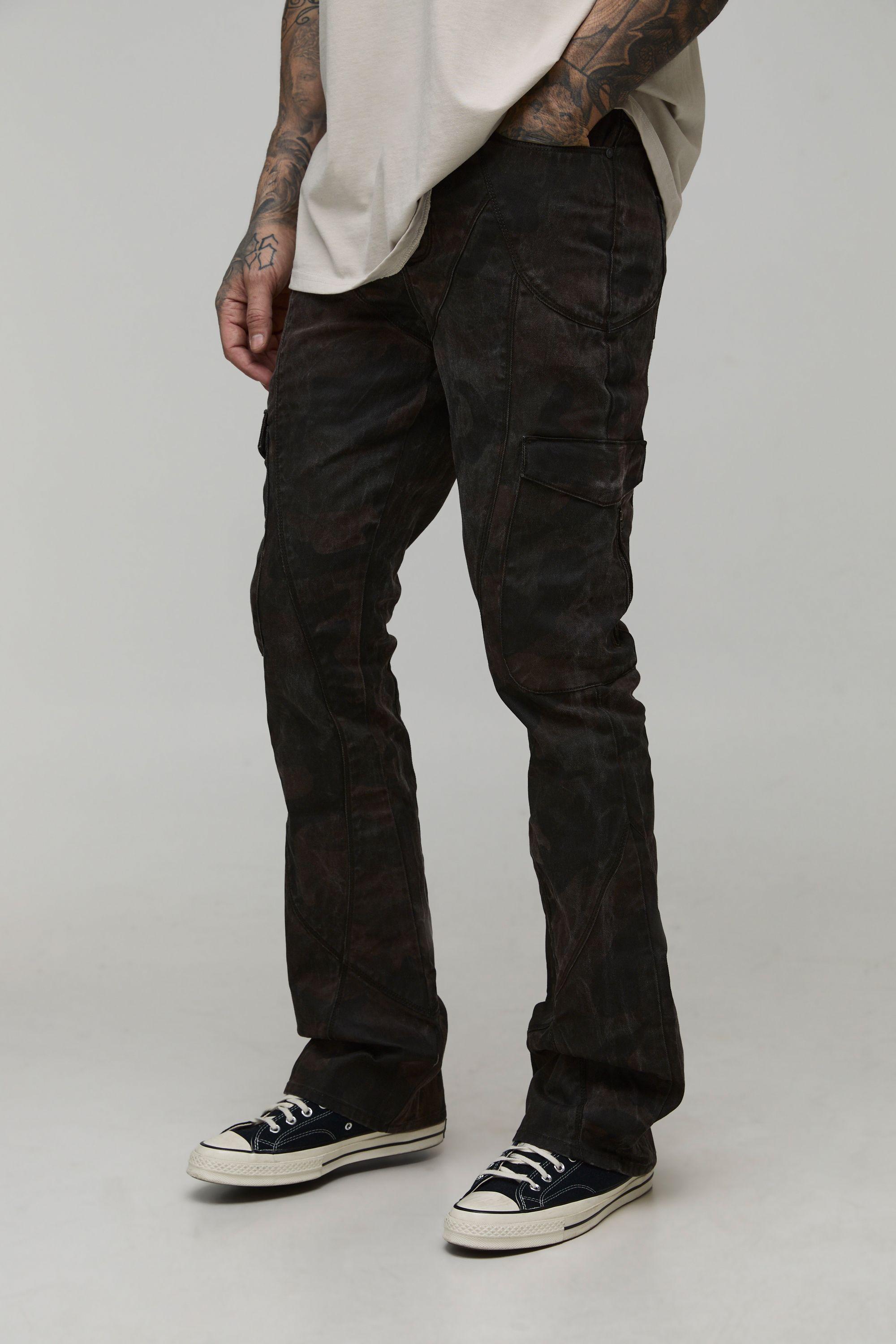 Slim Fit Stacked Flare Blackout Coated Camo Cargo Trouser by BOOHOOMAN