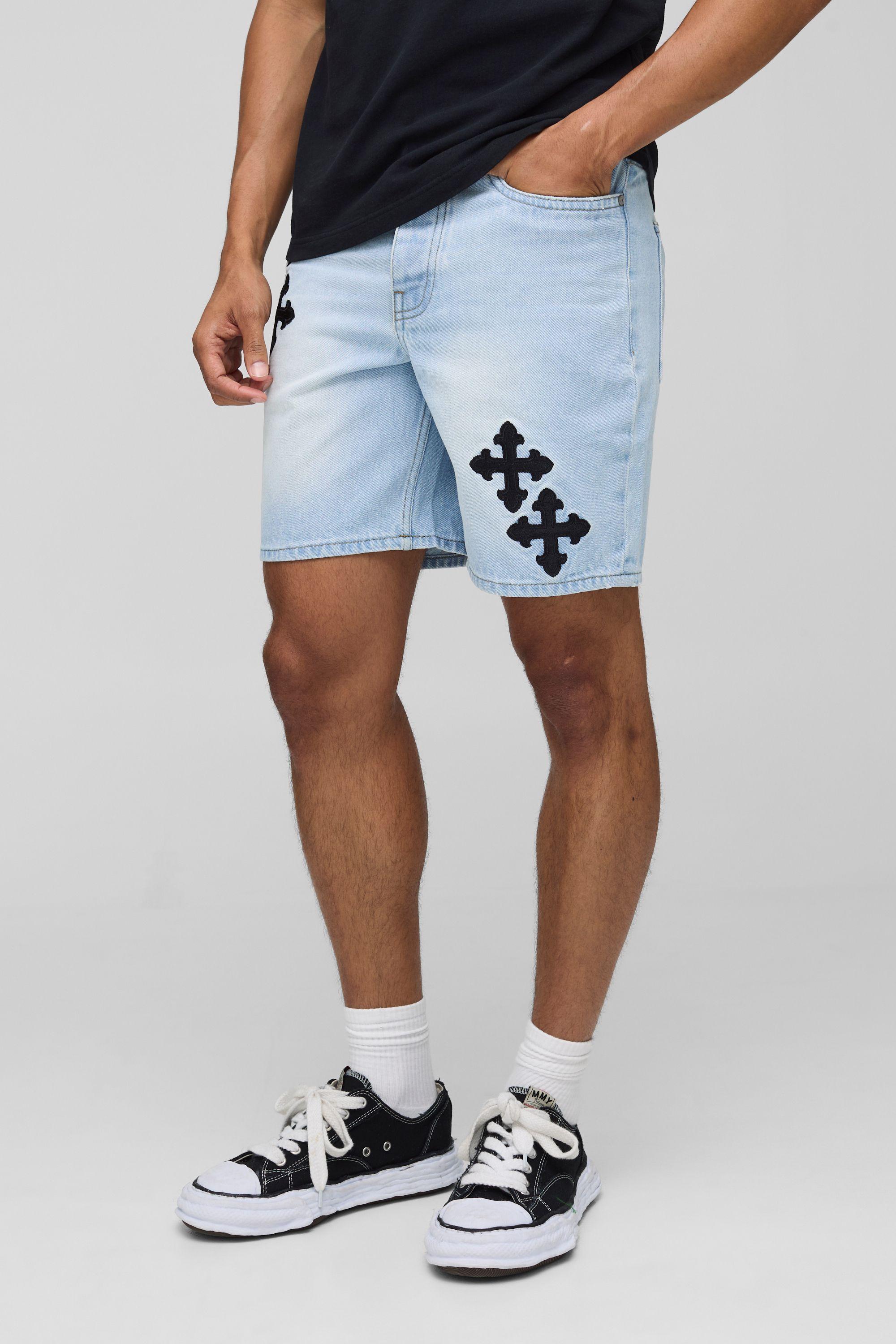Slim Fit Washed Cross Embroidered Denim Shorts by BOOHOOMAN