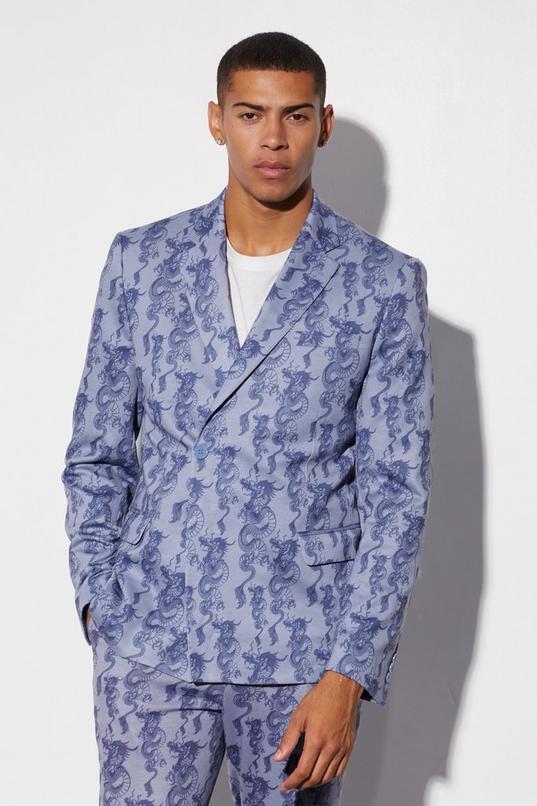 Slim Fit Wrap Dragon Printed Suit Jacket by BOOHOOMAN