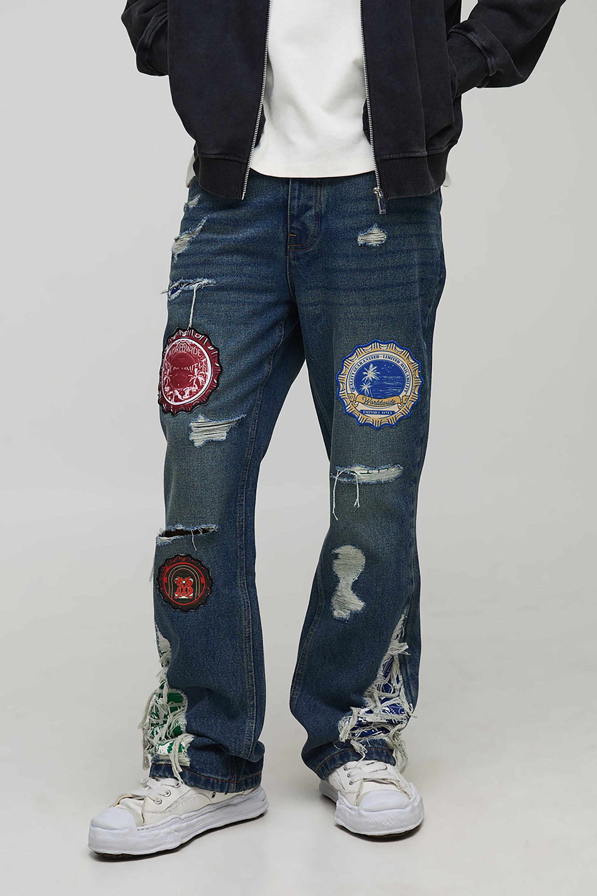 Slim Flare Applique Badge Gusset Jeans by BOOHOOMAN