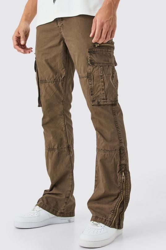 Slim Flare Zip Gusset Overdye Acid Wash Cargo Trouser by BOOHOOMAN