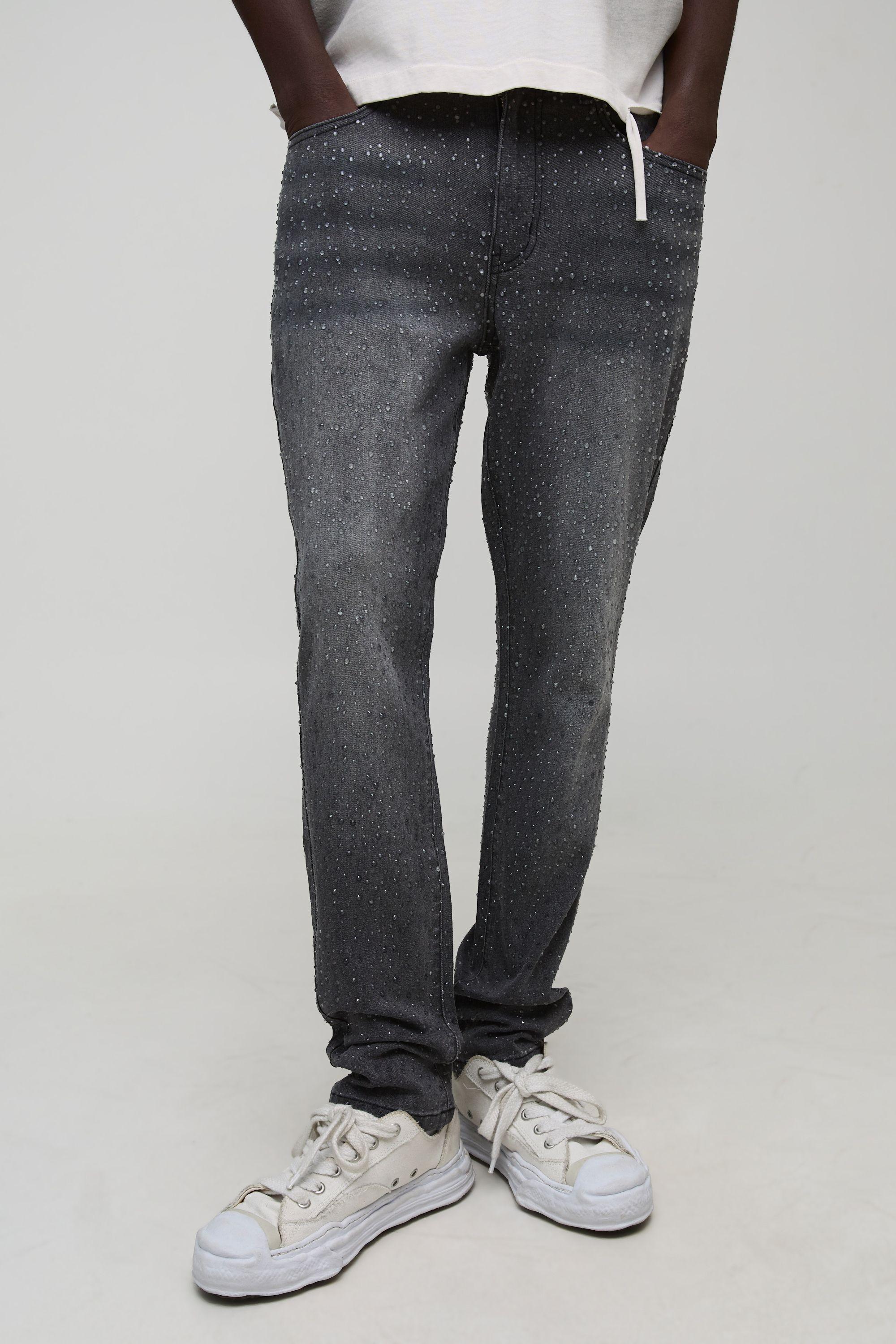 Slim Flared Clear Rhinestone Embellished Denim Jeans by BOOHOOMAN