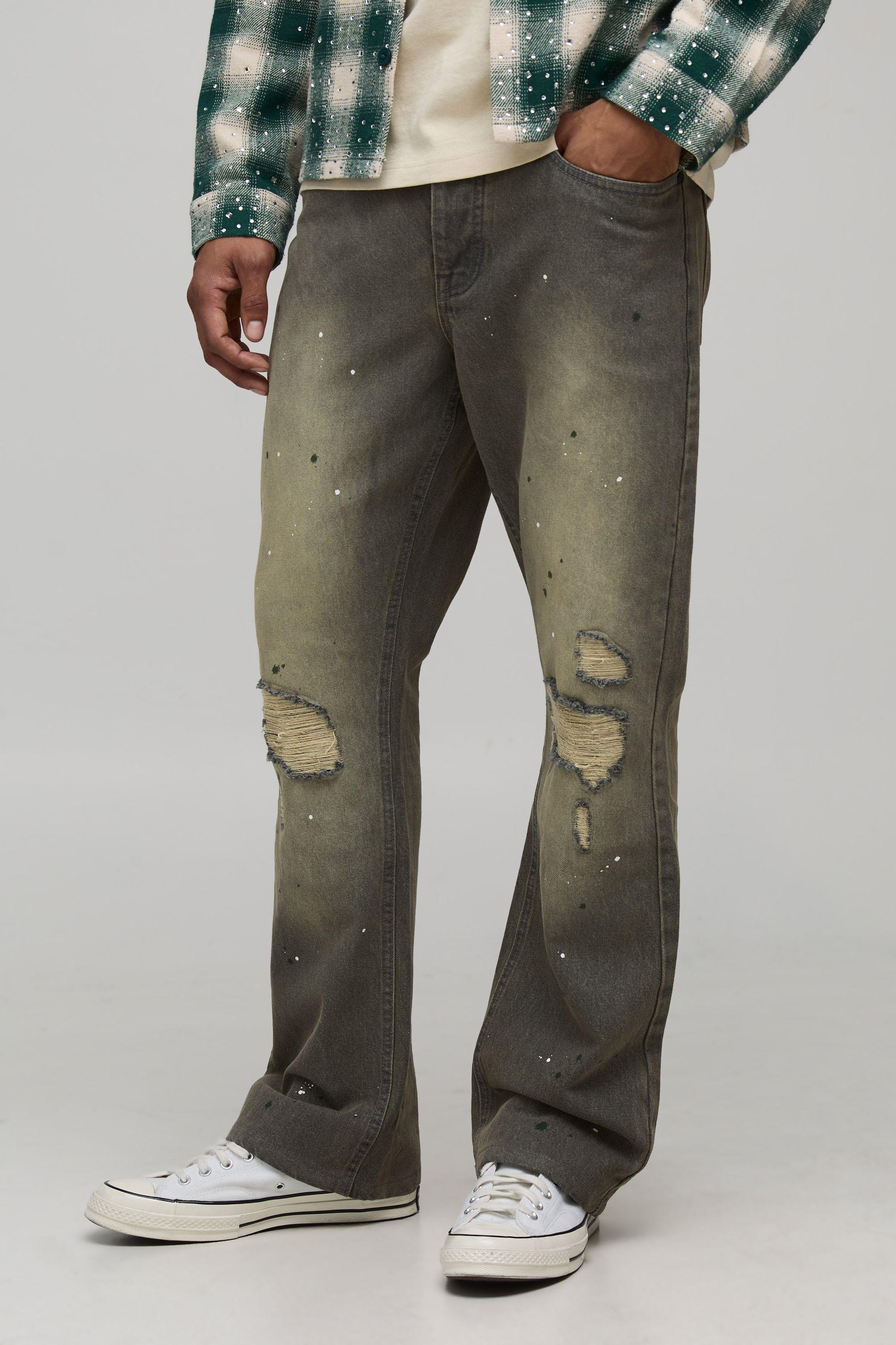 Slim Flared Knee Rip and Repair Paint Splatter Jeans by BOOHOOMAN