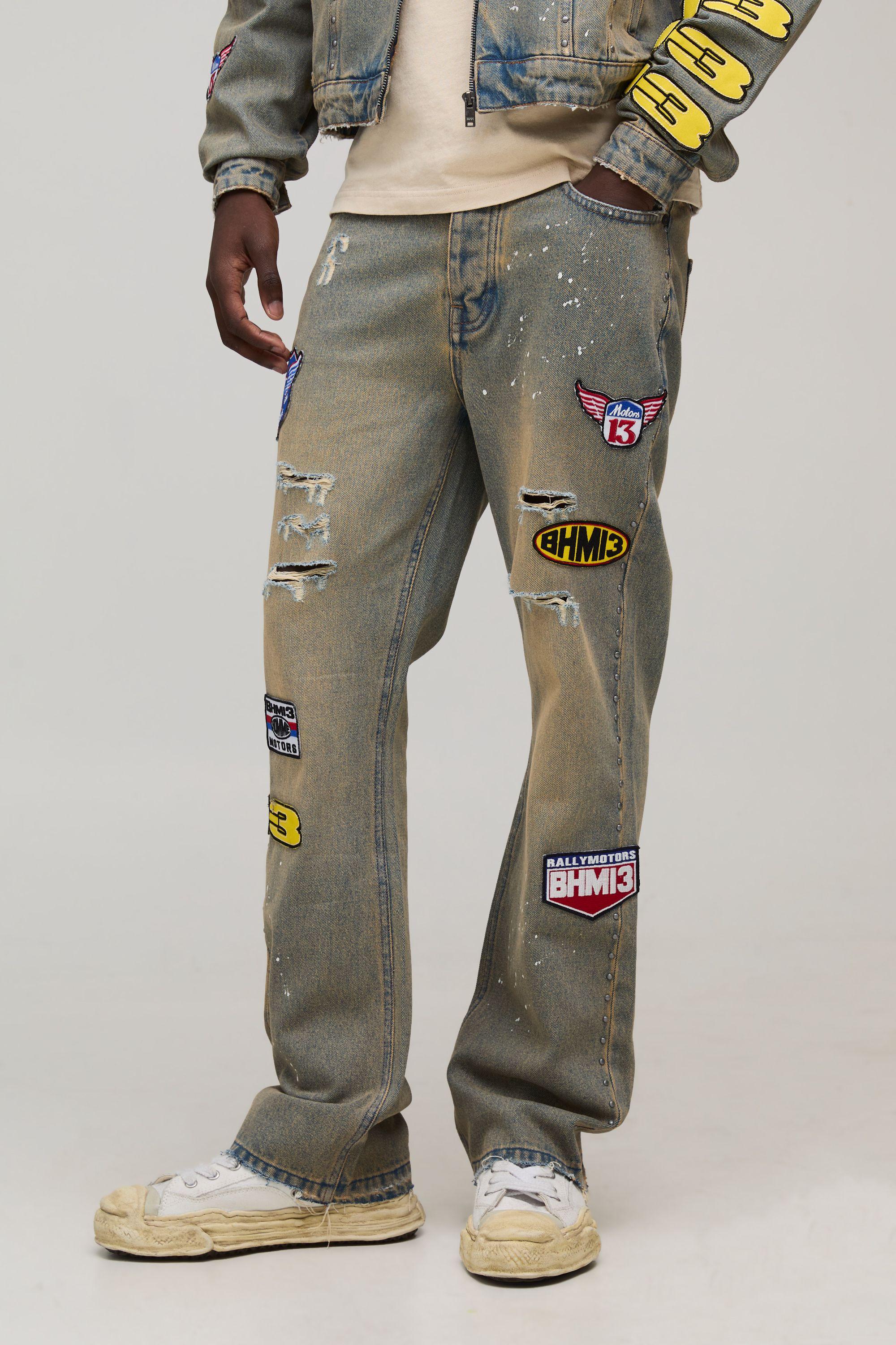 Slim Flared Moto Badge Washed Jeans by BOOHOOMAN