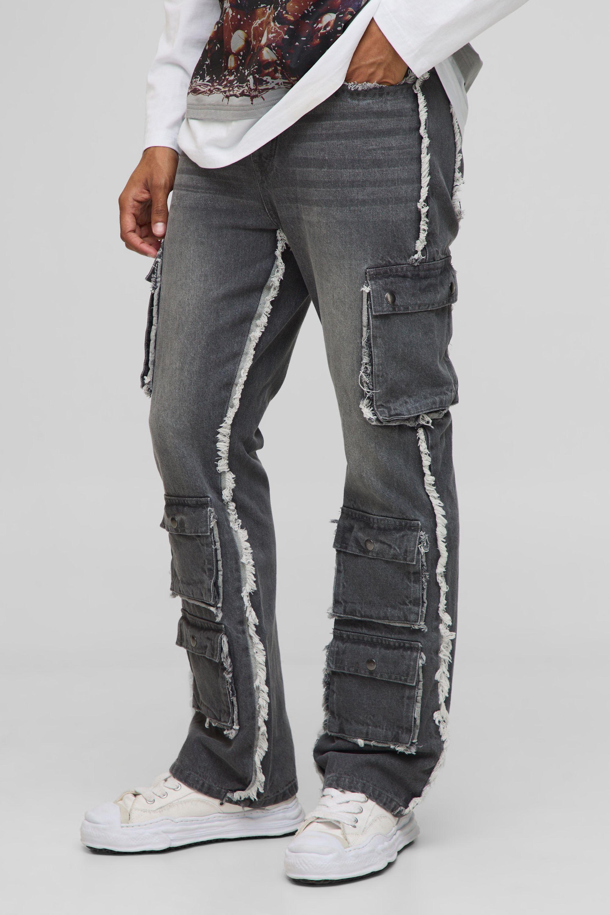 Slim Flared Multi Cargo Washed Jeans by BOOHOOMAN