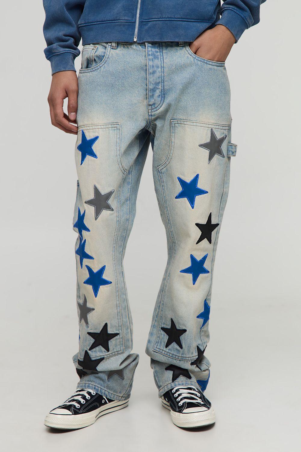 Slim Flared Stacked Star Applique Jeans by BOOHOOMAN
