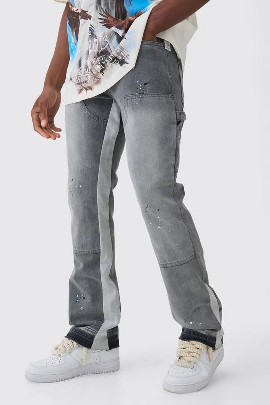 Slim Rigid Flare Paint Splatter Gusset Carpenter Jeans by BOOHOOMAN