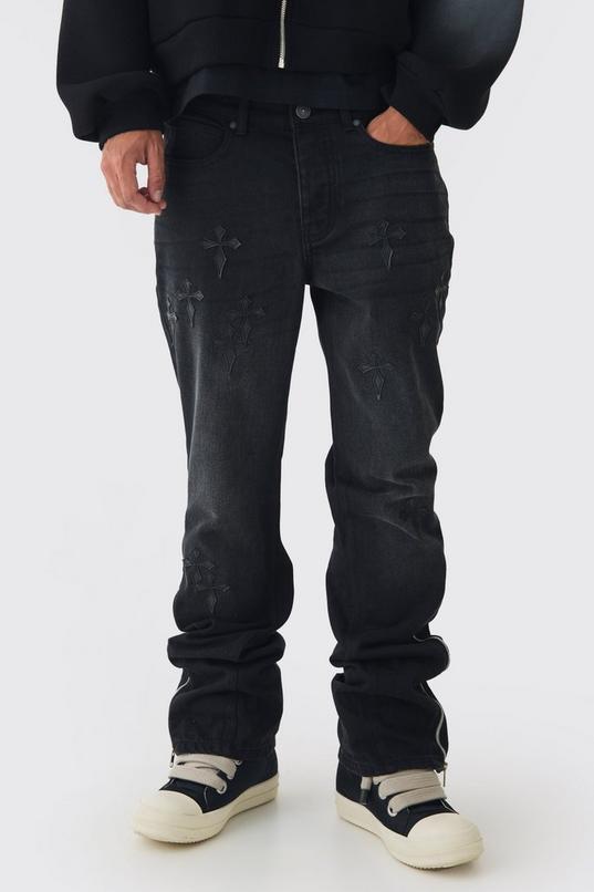 Slim Rigid Flare Washed Denim Cross Applique Jeans by BOOHOOMAN
