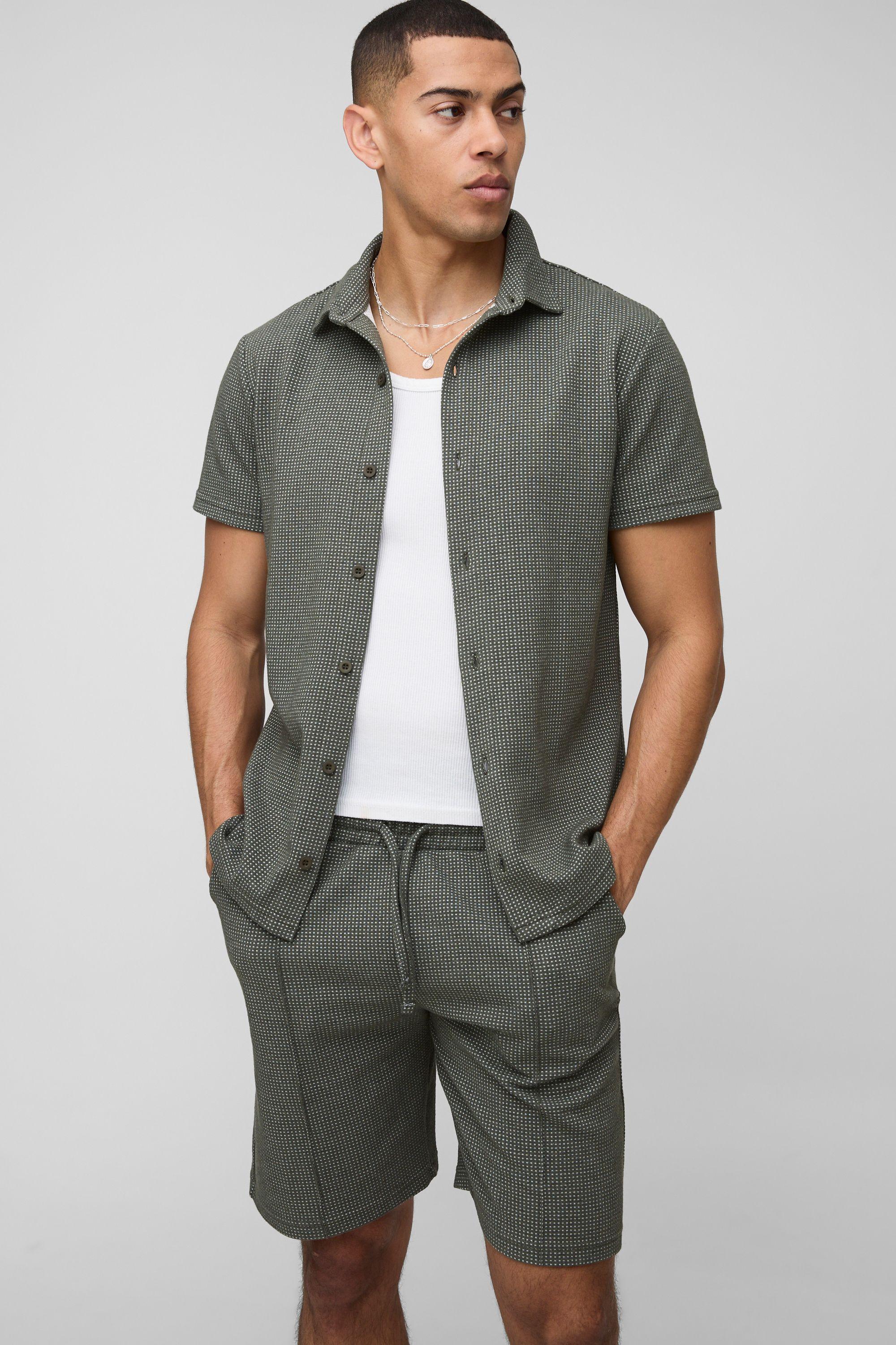 Slim Short Sleeve Collared Shirt & Comfort Pintuck Short by BOOHOOMAN