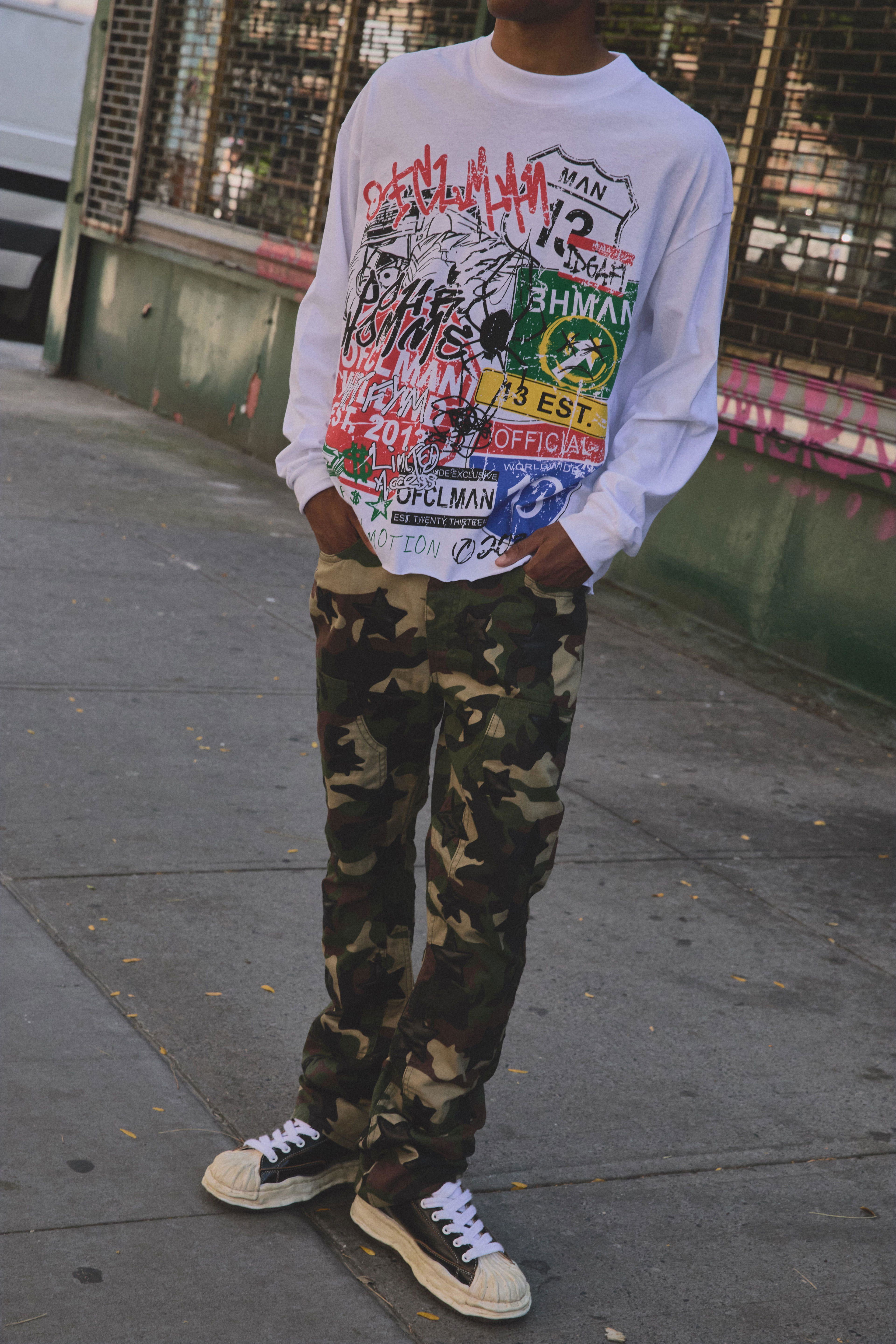 Slim Stack Flare Camo Star Applique Trousers by BOOHOOMAN