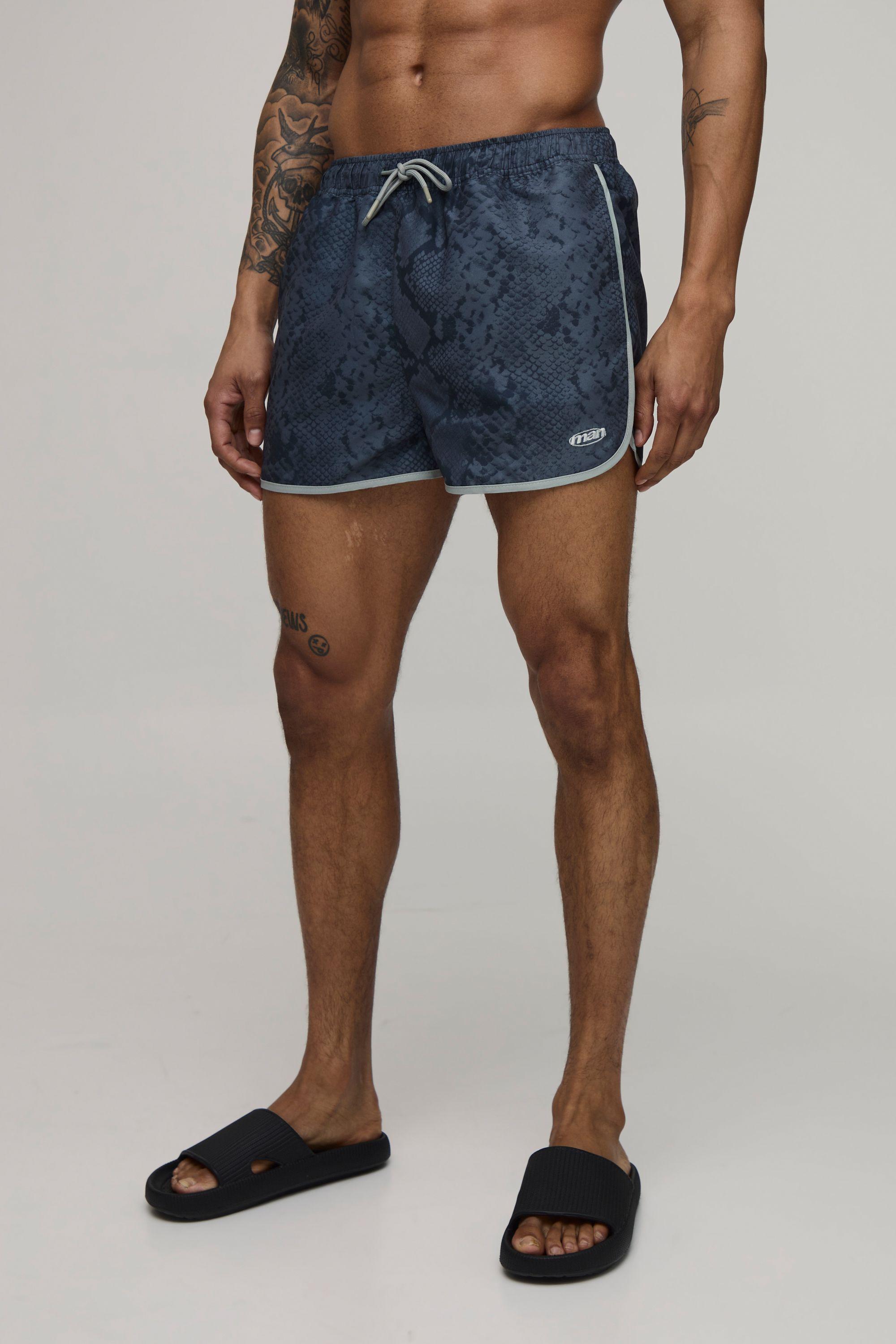 Snake Print Man Embroidered Piped Super Short Swim Short by BOOHOOMAN