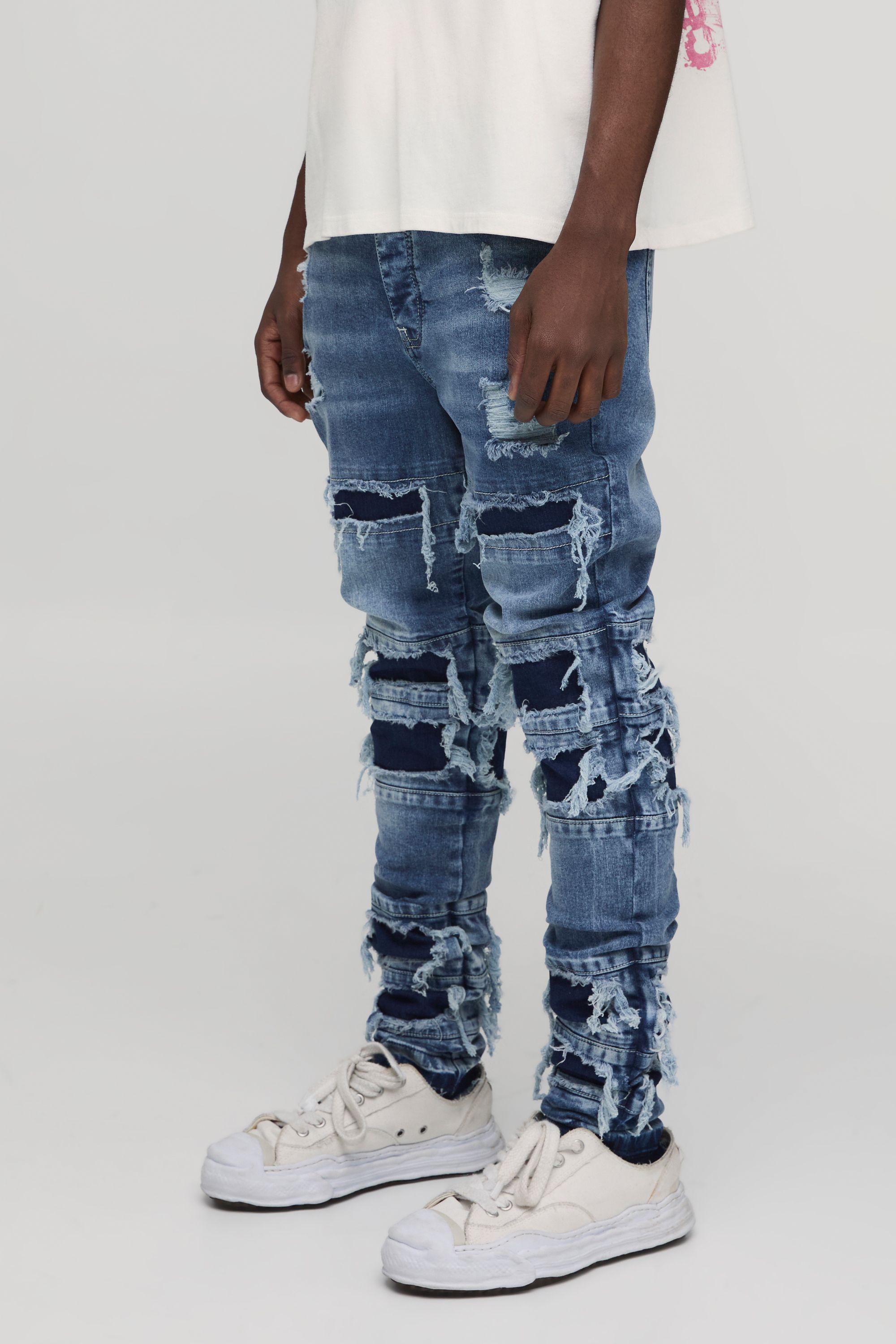 Stacked Skinny Rip & Repair Washed Jeans by BOOHOOMAN