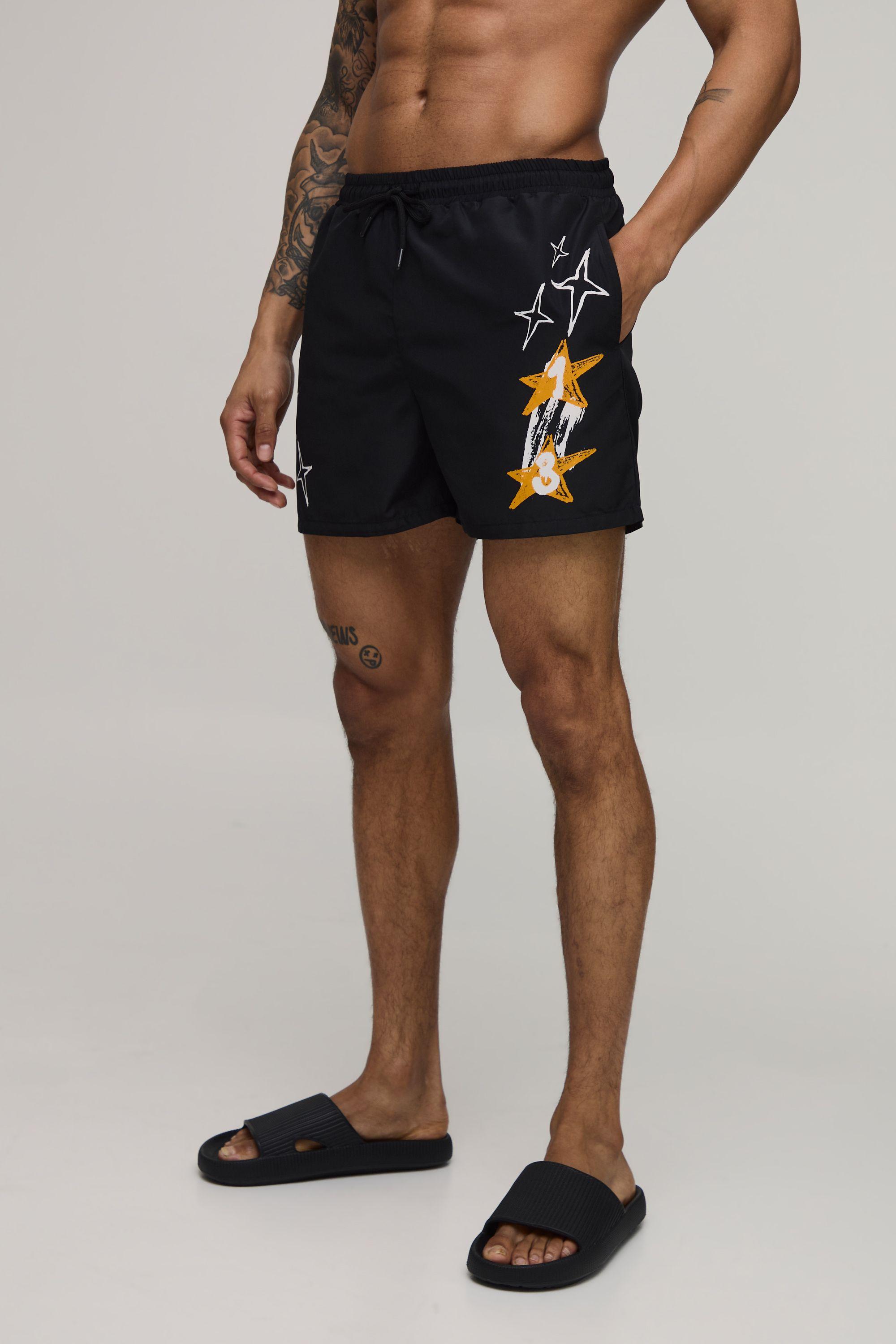 Star Doodle Print Short Length Swim Short by BOOHOOMAN
