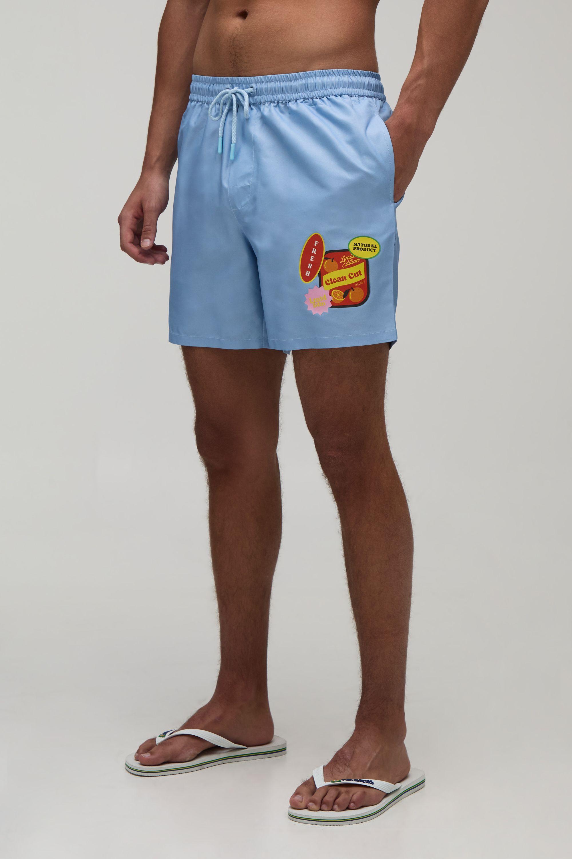Sticker Print Mid Length Swim Short by BOOHOOMAN