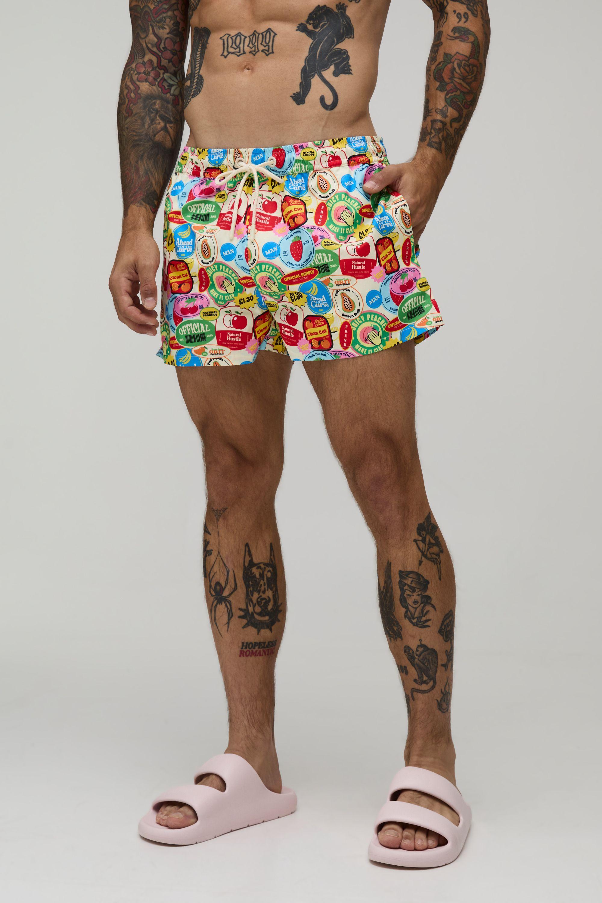 Sticker Printed Super Short Length Swim Short by BOOHOOMAN
