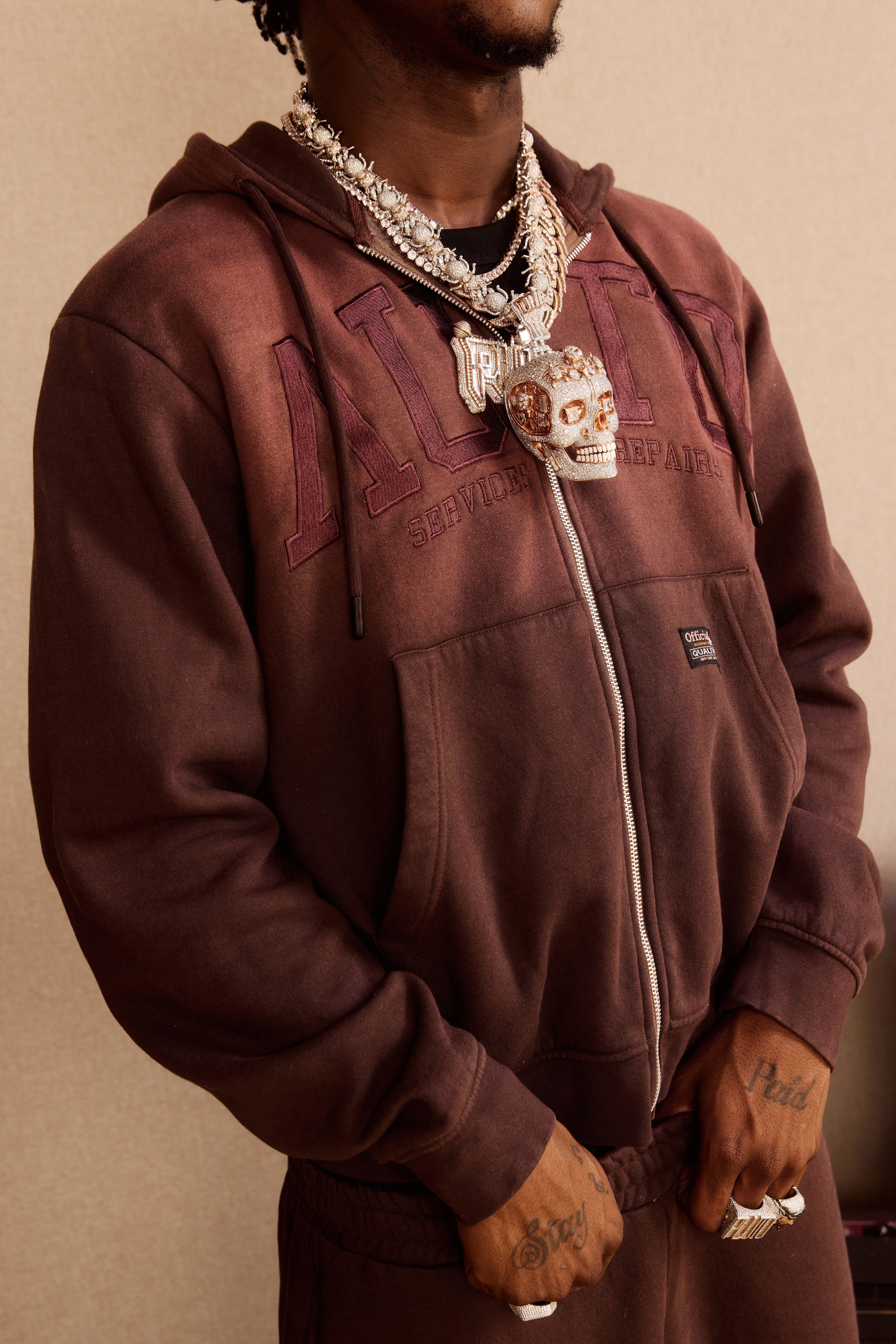 Stone Boxy Zip Through Spray Wash Embroidered Hoodie by BOOHOOMAN