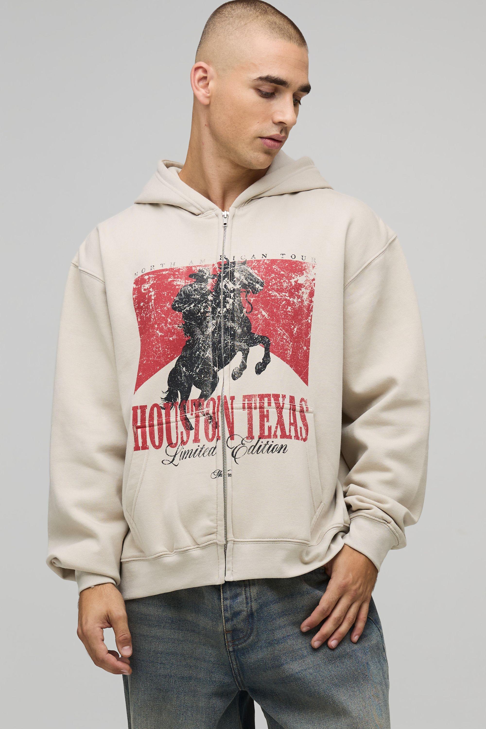 Stone Oversized Boxy Houston Texas Print Zip Through Hoodie by BOOHOOMAN