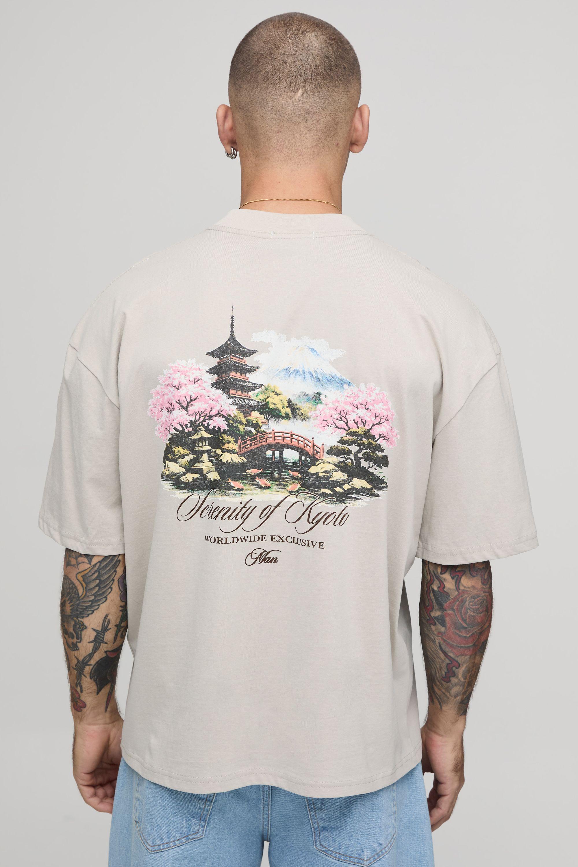 Stone Oversized Boxy Landscape Print T-Shirt by BOOHOOMAN