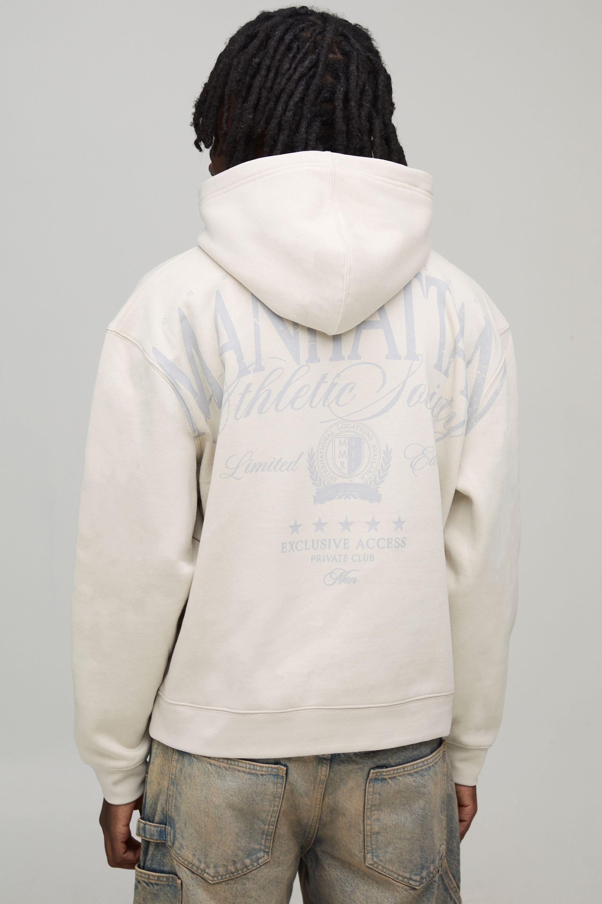 Stone Oversized Boxy Manhattan Over Seam Printed Hoodie by BOOHOOMAN