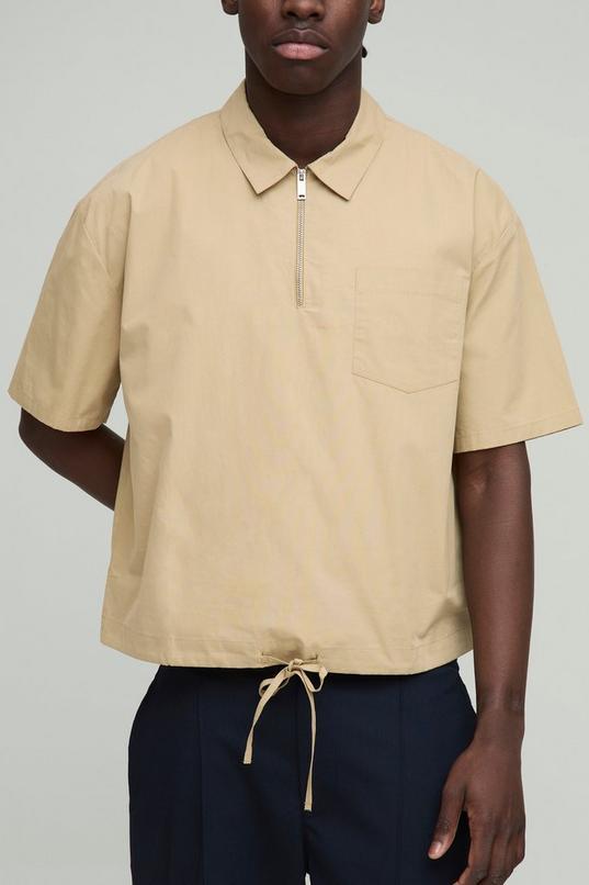 Stone Oversized Boxy Quarter Zip Short Sleeve Shirt by BOOHOOMAN
