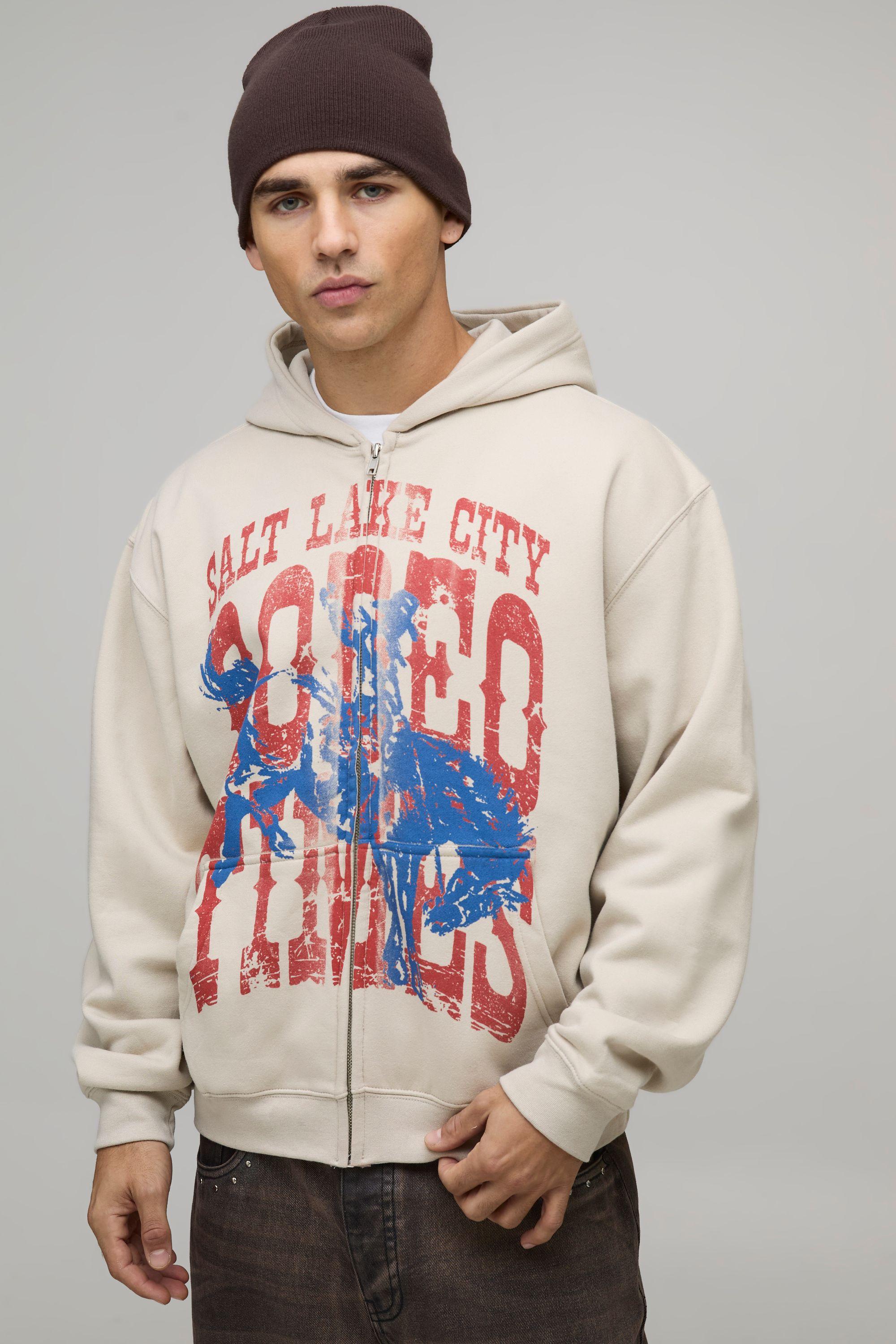 Stone Oversized Boxy Rodeo Printed Zip Through Hoodie by BOOHOOMAN