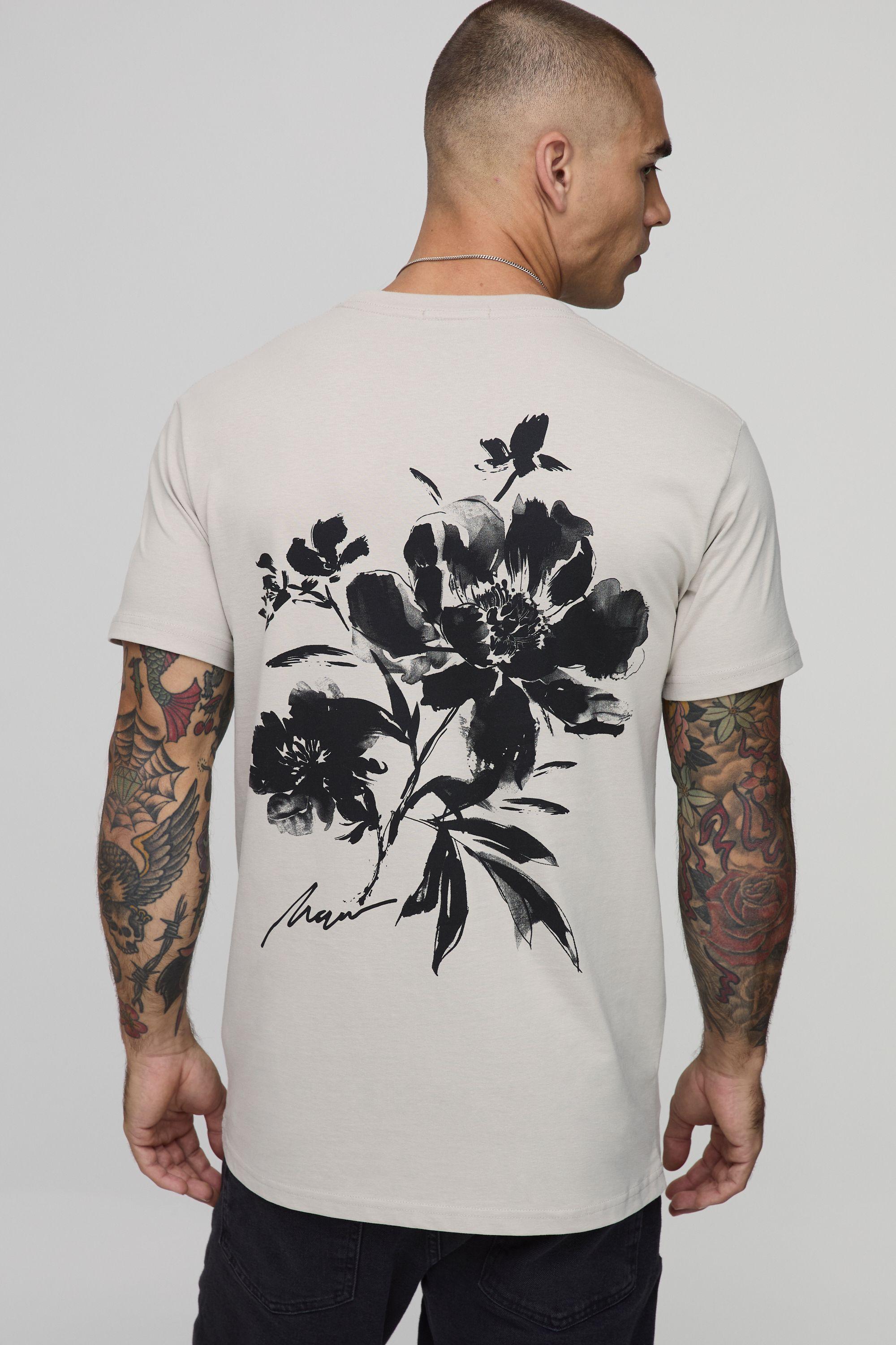 Stone Regular Floral Print T-Shirt by BOOHOOMAN