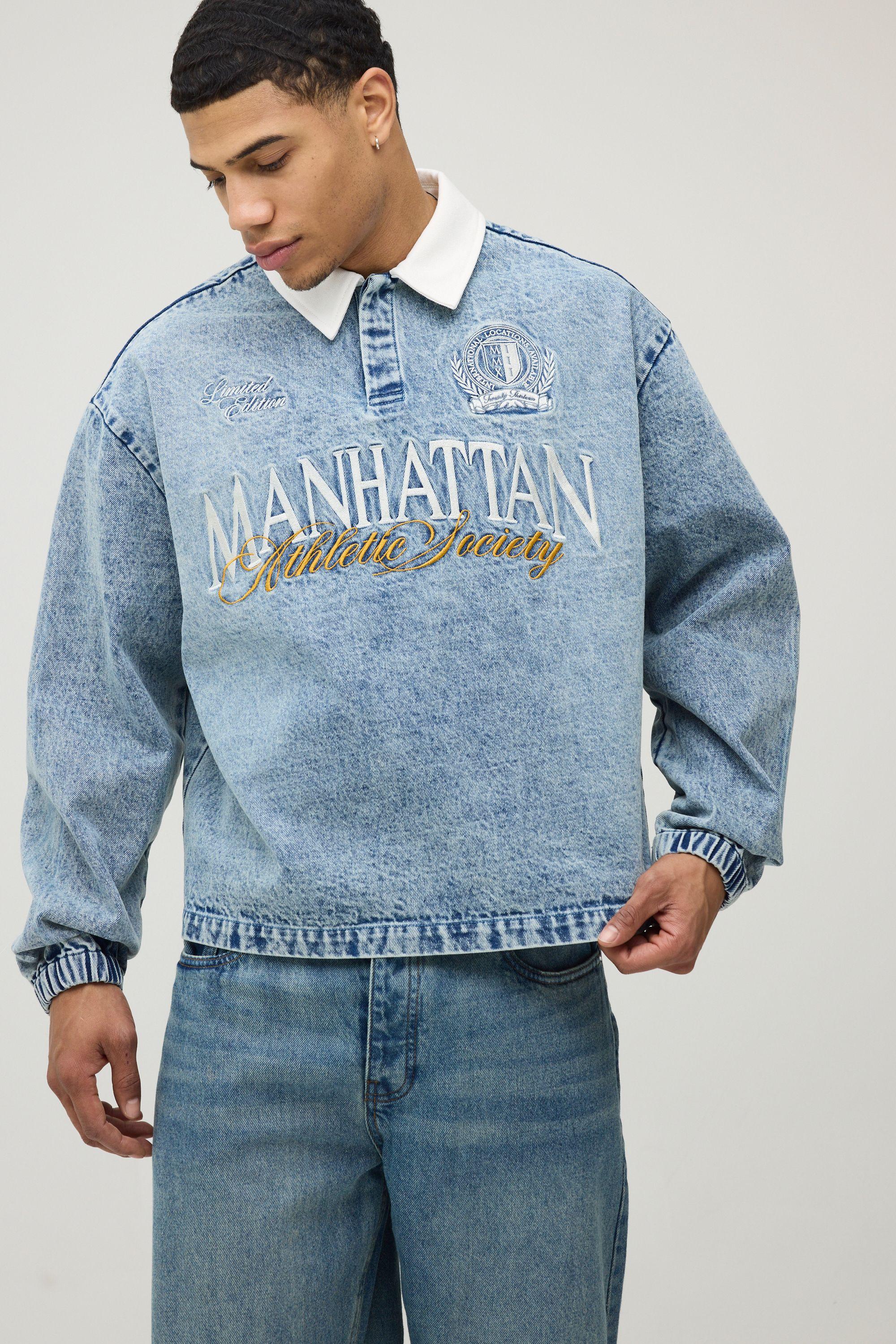 Stonewash Embroidered Oversized Varsity Denim Rugby Shirt by BOOHOOMAN
