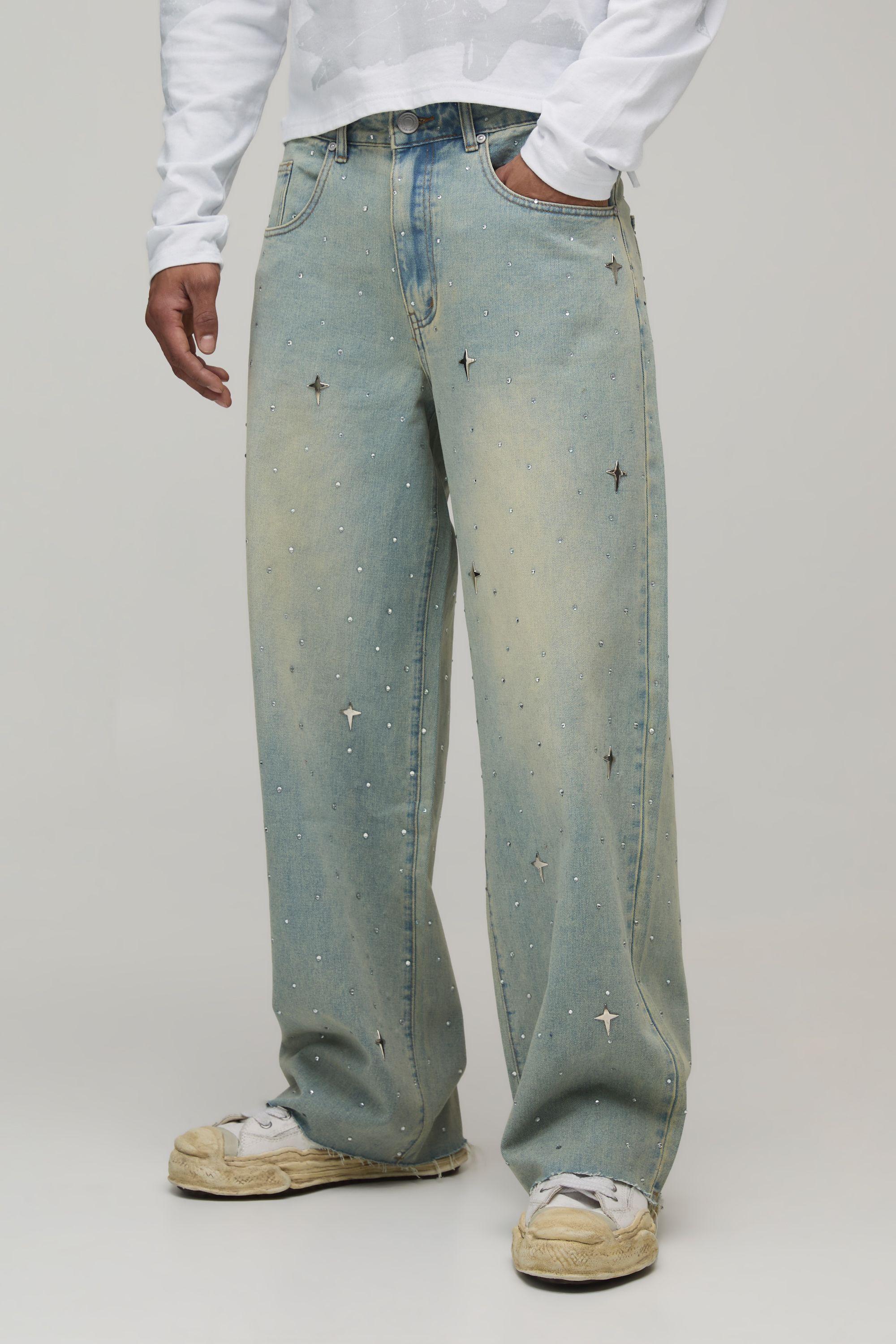 Stonewash Studded Rhinestone Raw Hem Baggy Fit Jeans by BOOHOOMAN