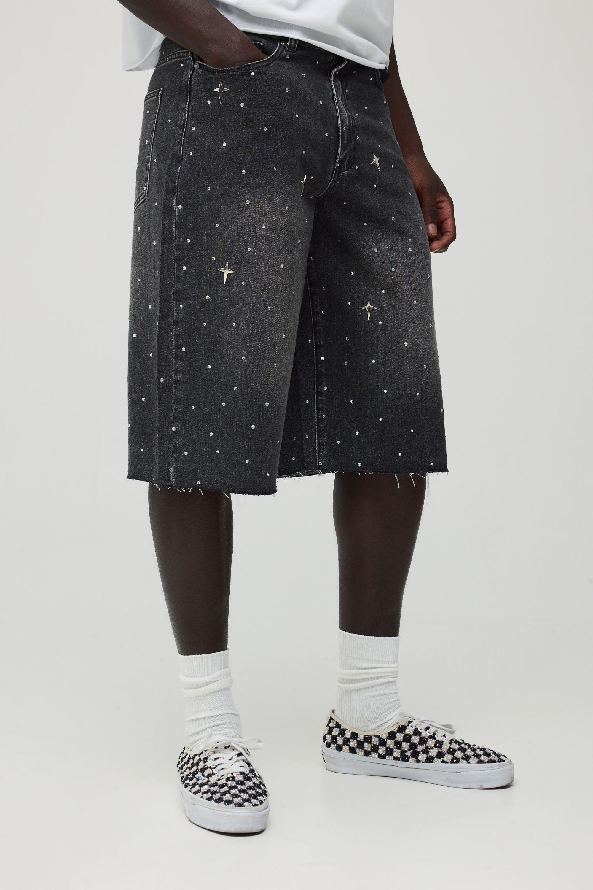 Stonewash Studded Rhinestone Raw Hem Denim Jorts by BOOHOOMAN