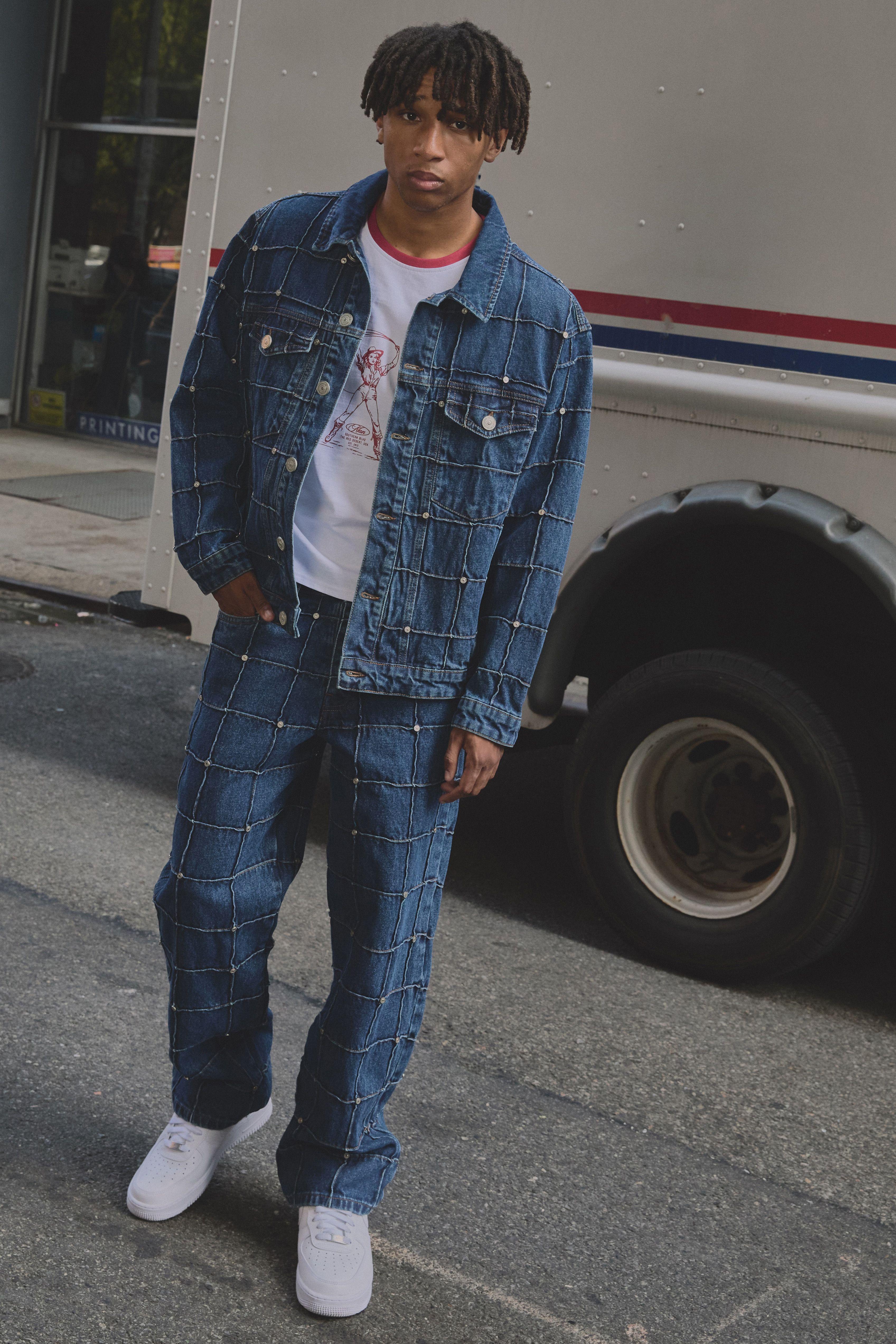 Straight Fit Checkerboard Rivet Embellished Jeans by BOOHOOMAN