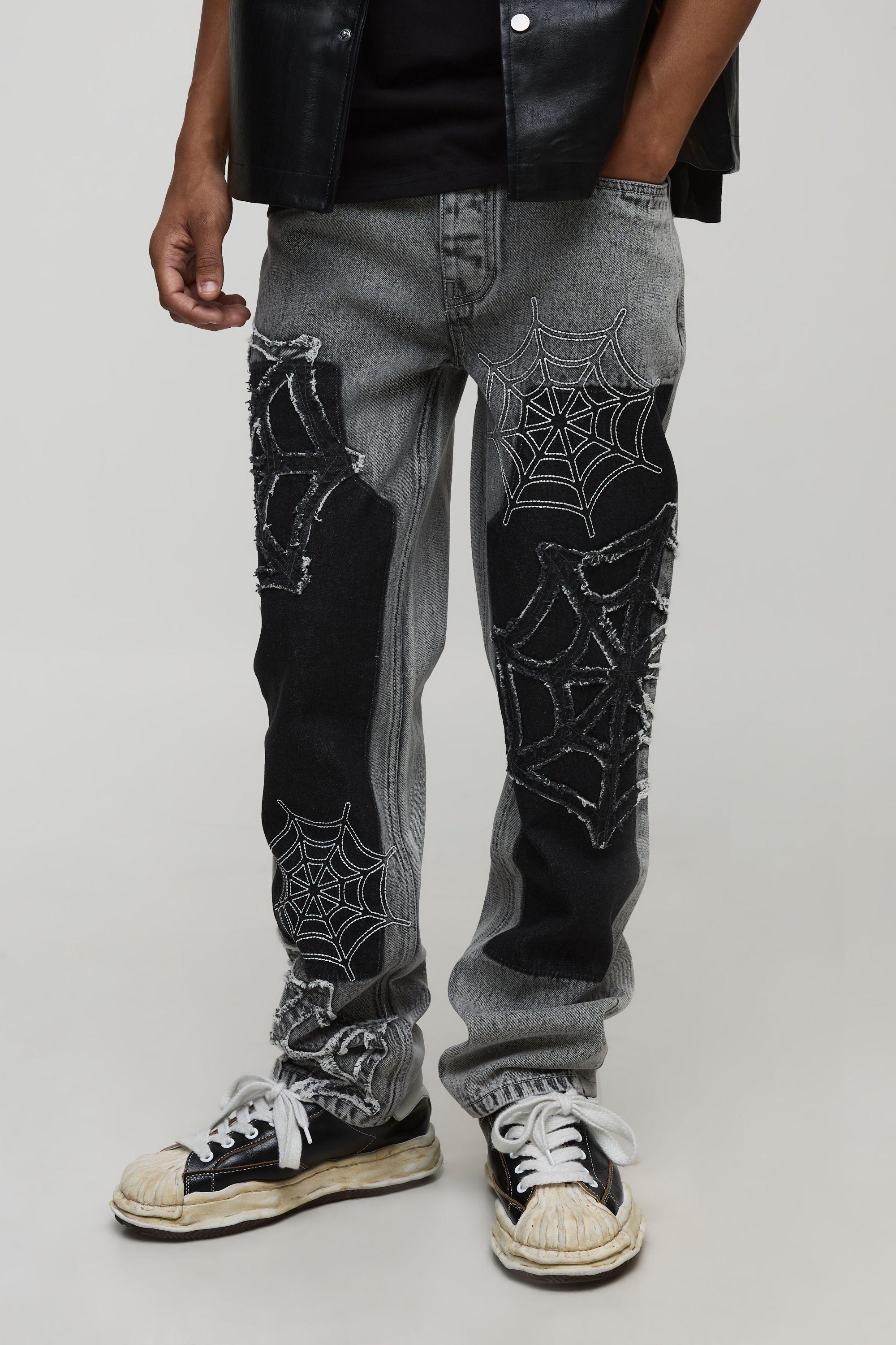 Straight Fit Cobweb Embroidery Detailed Denim Jeans by BOOHOOMAN