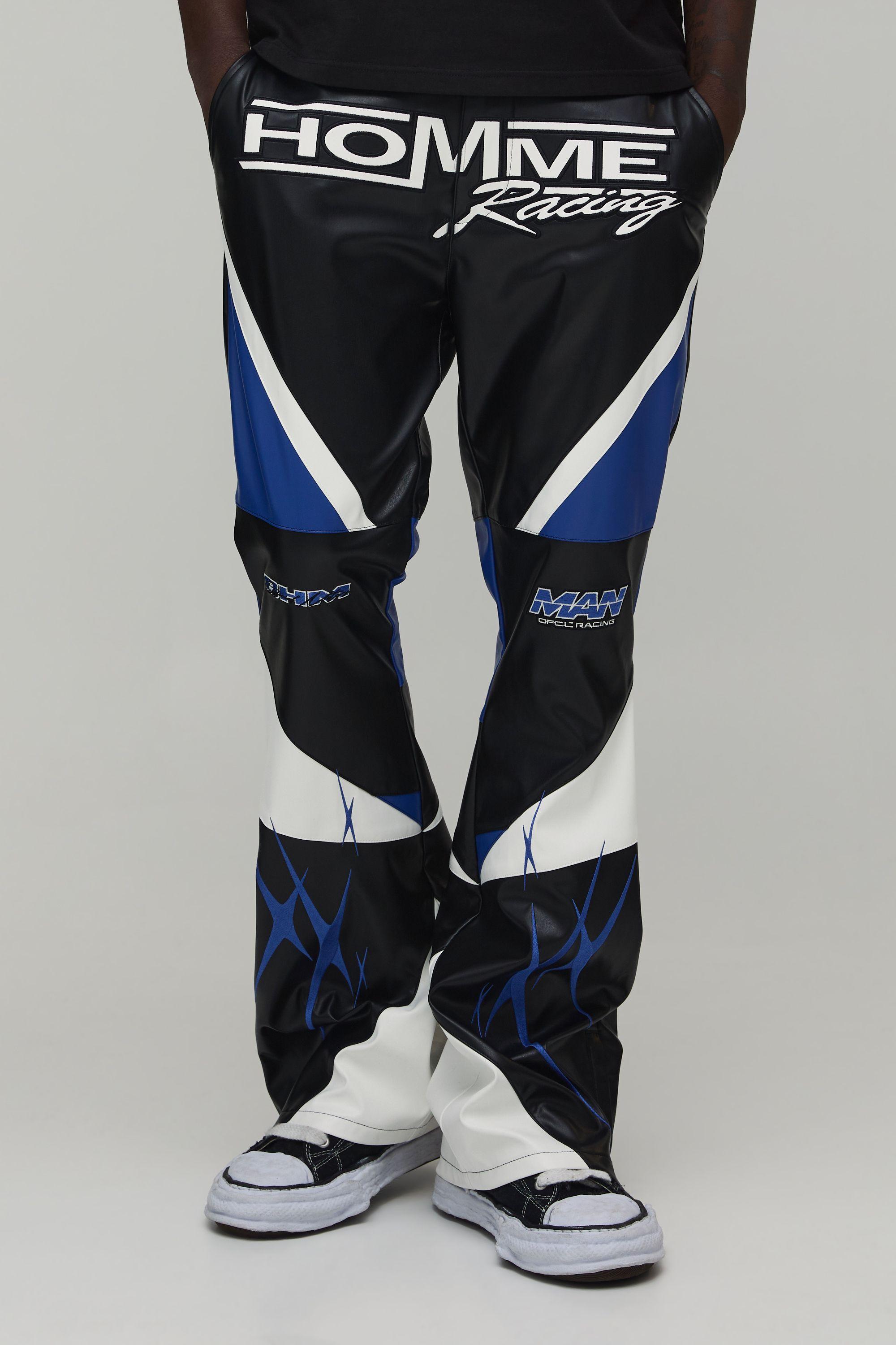 Straight Fit Flare Stacked PU Moto Trouser by BOOHOOMAN