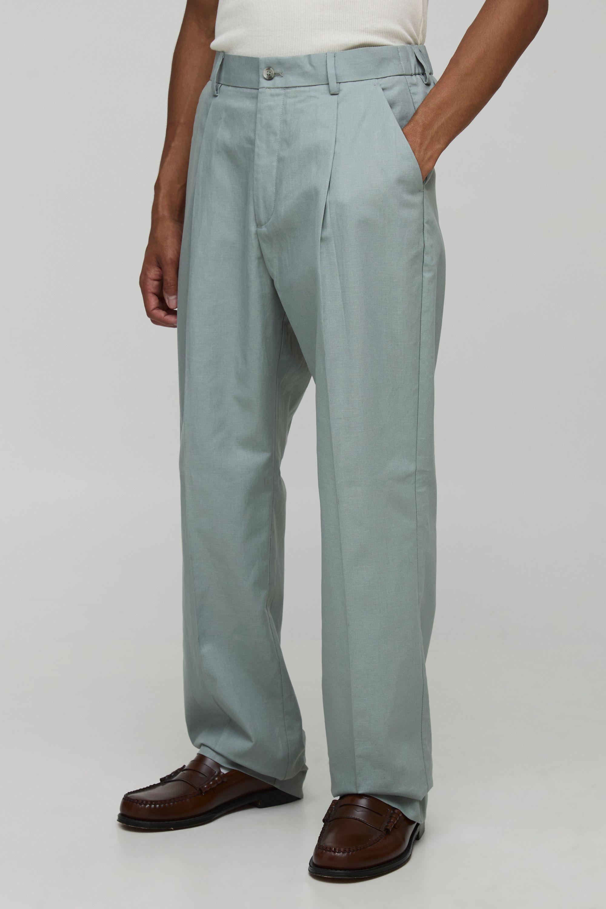 Straight Fit Linen Blend Crease Front Trouser by BOOHOOMAN